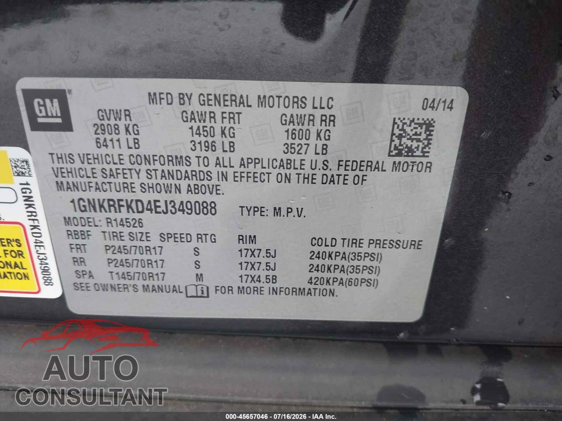 CHEVROLET TRAVERSE 2014 - 1GNKRFKD4EJ349088