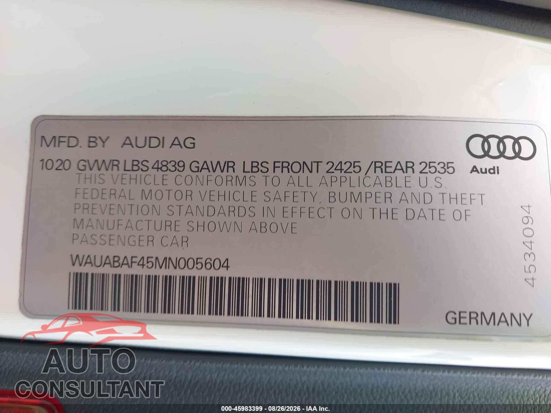 AUDI A4 2021 - WAUABAF45MN005604