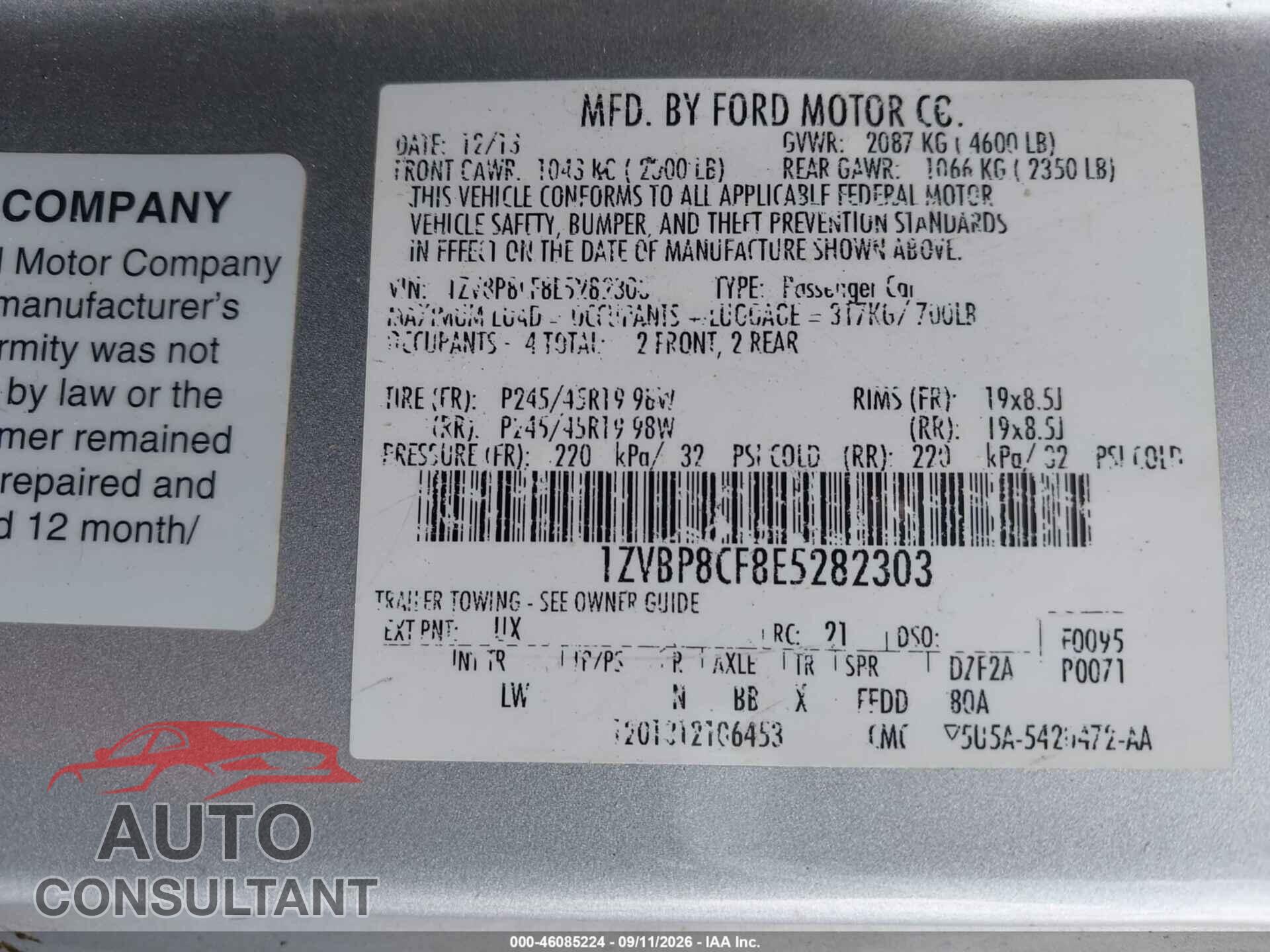 FORD MUSTANG 2014 - 1ZVBP8CF8E5282303