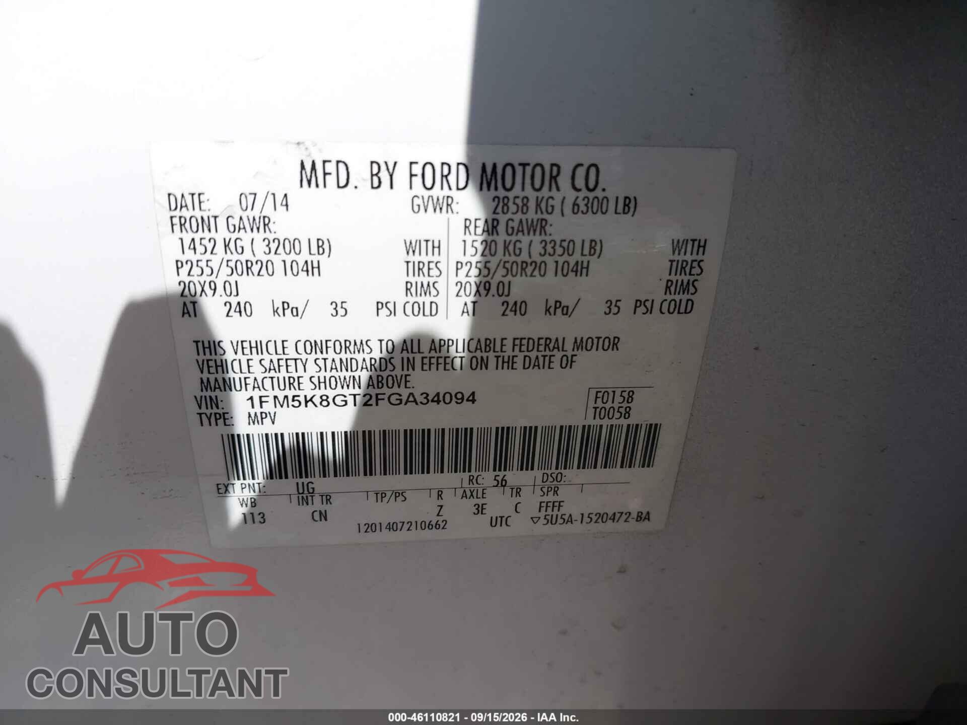 FORD EXPLORER 2015 - 1FM5K8GT2FGA34094