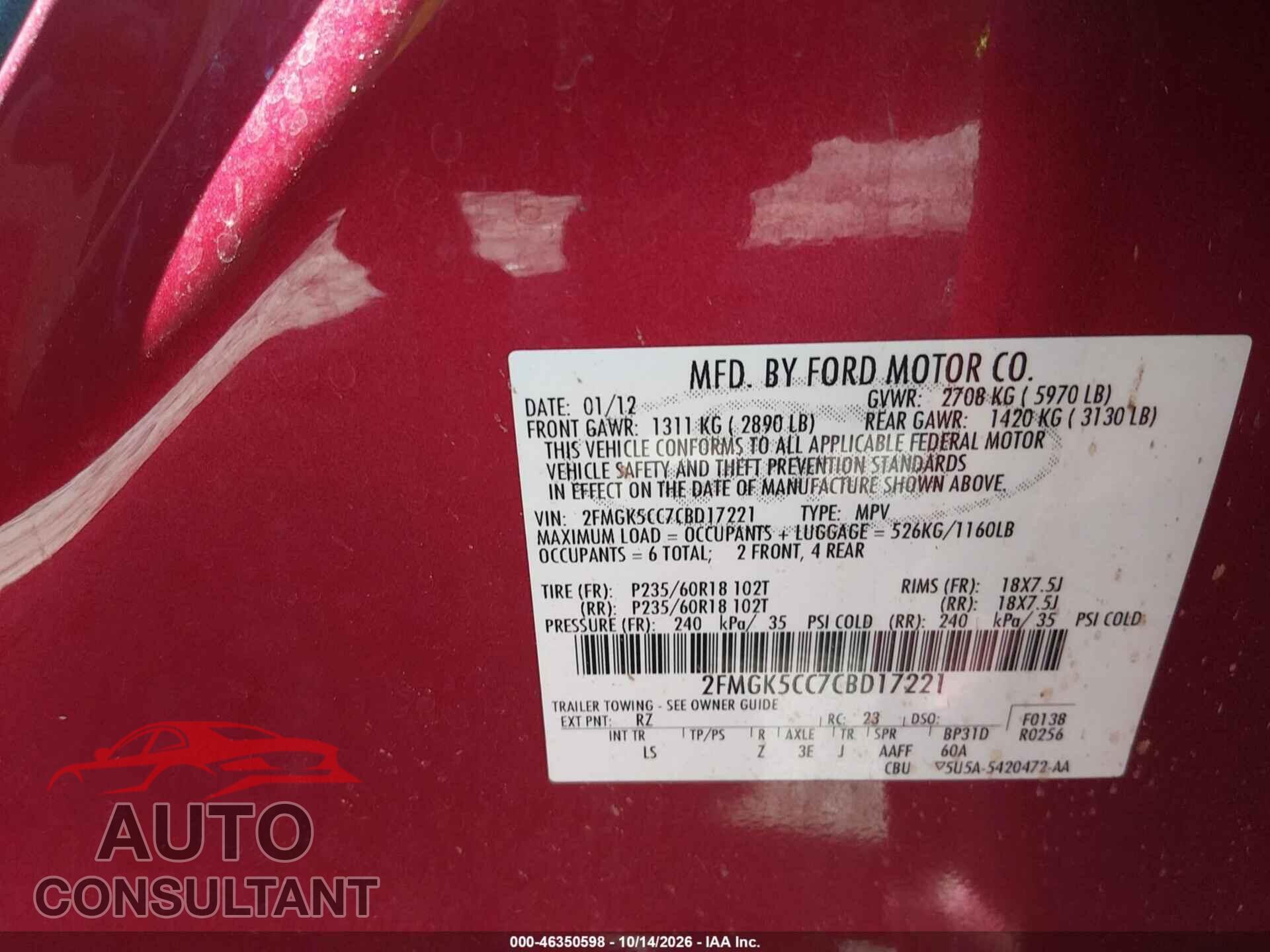 FORD FLEX 2012 - 2FMGK5CC7CBD17221