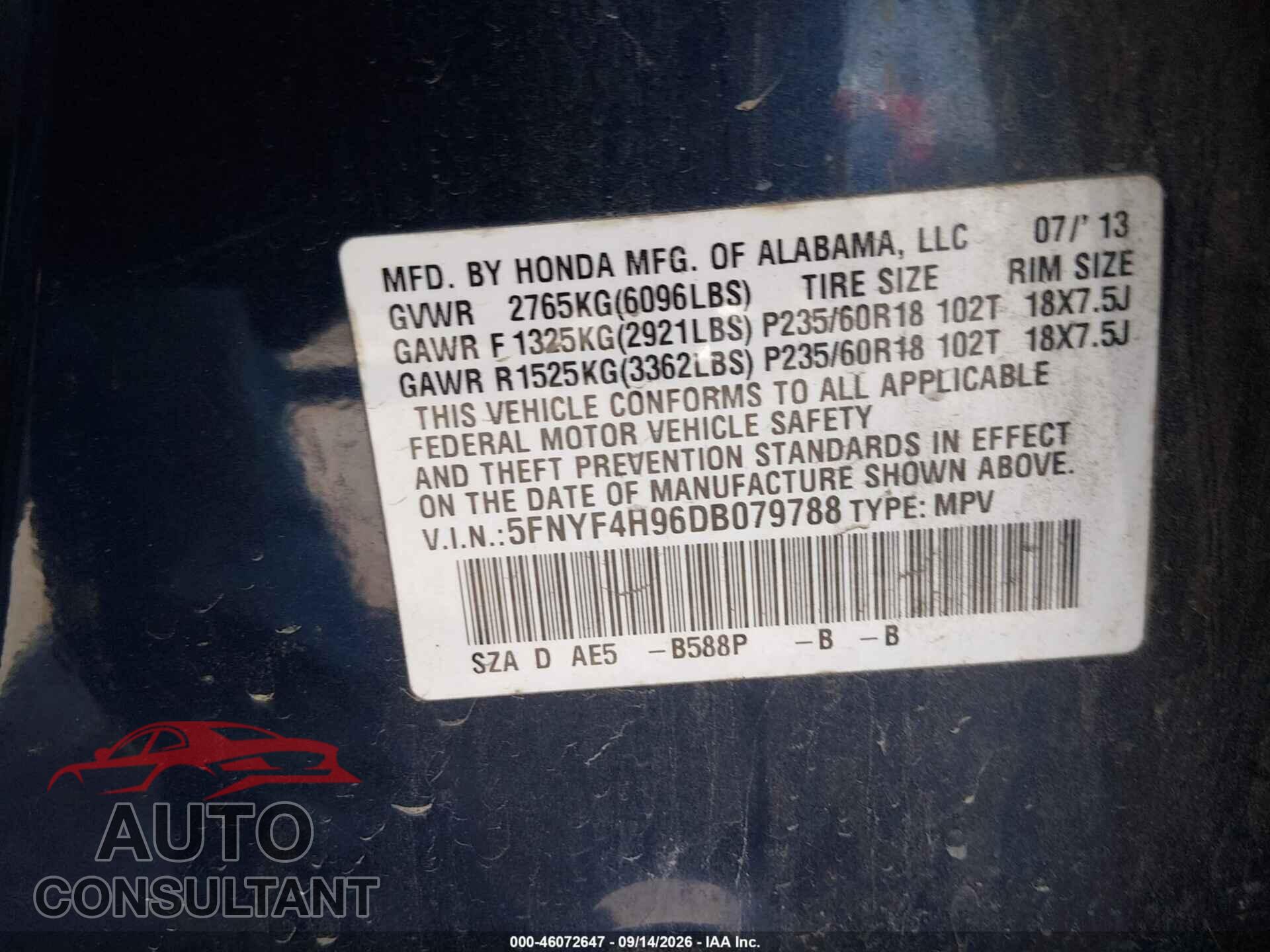 HONDA PILOT 2013 - 5FNYF4H96DB079788