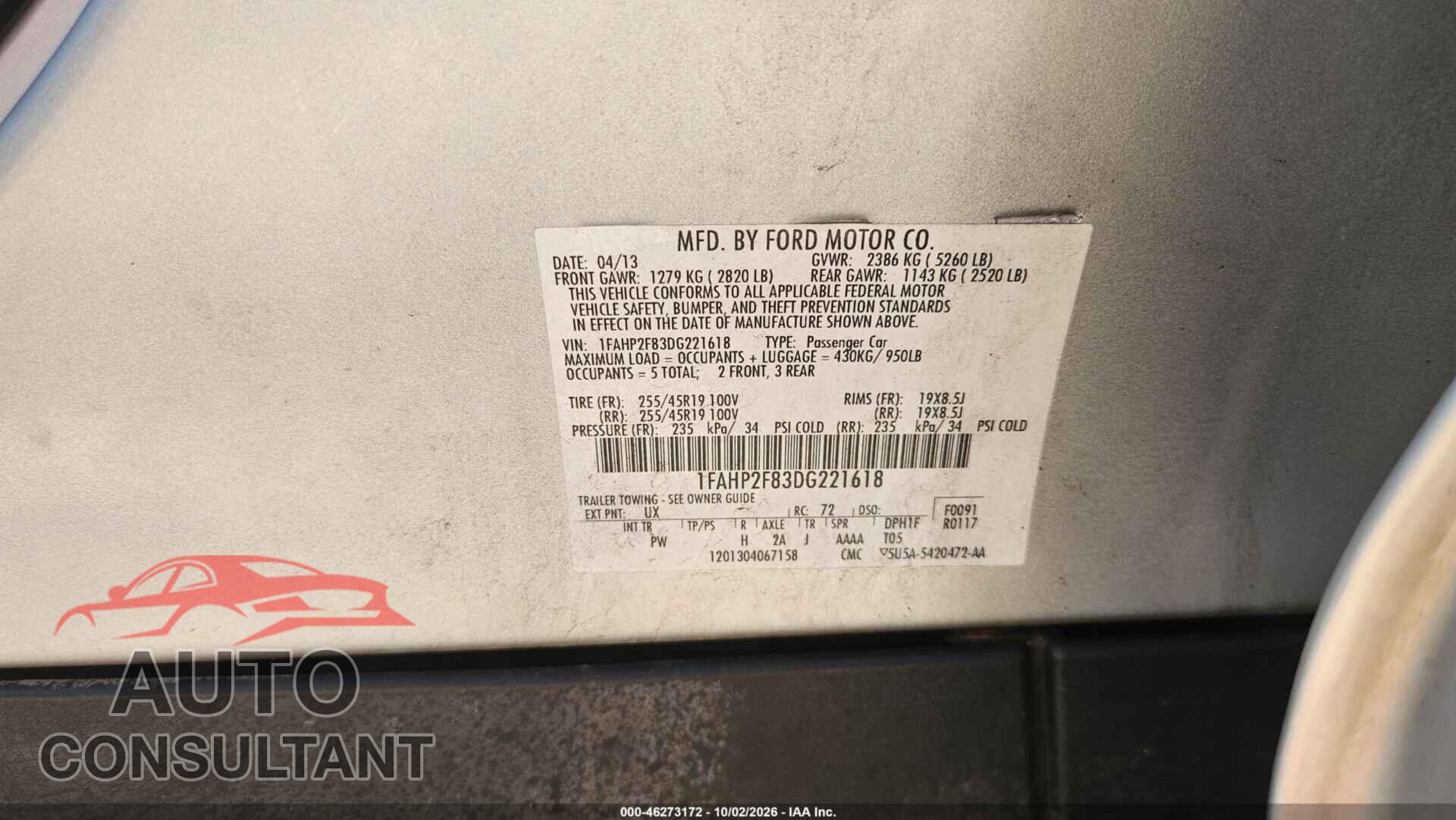 FORD TAURUS 2013 - 1FAHP2F83DG221618
