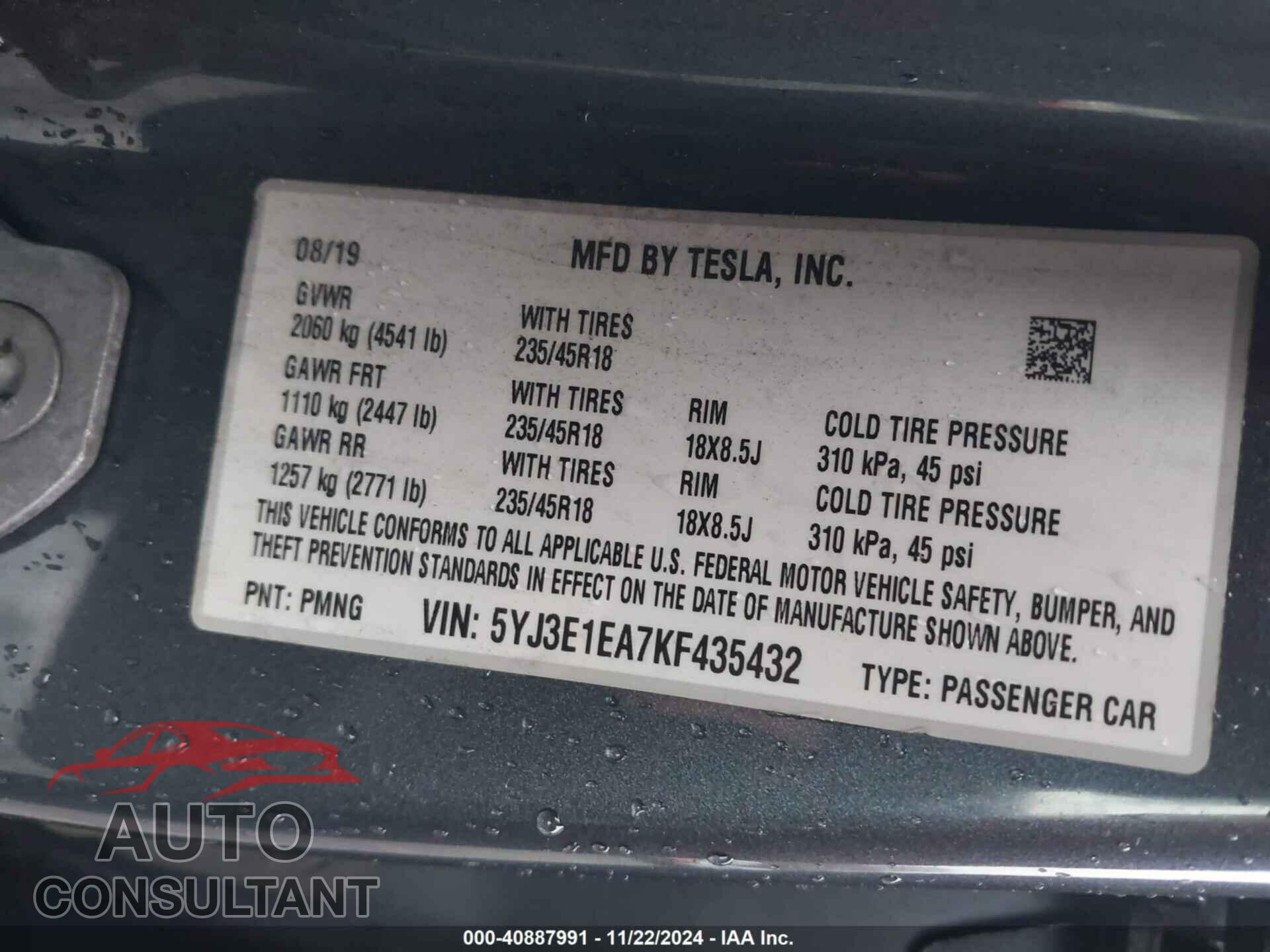 TESLA MODEL 3 2019 - 5YJ3E1EA7KF435432