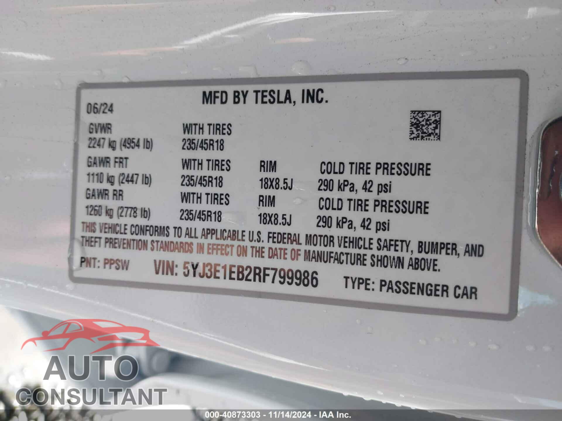 TESLA MODEL 3 2024 - 5YJ3E1EB2RF799986