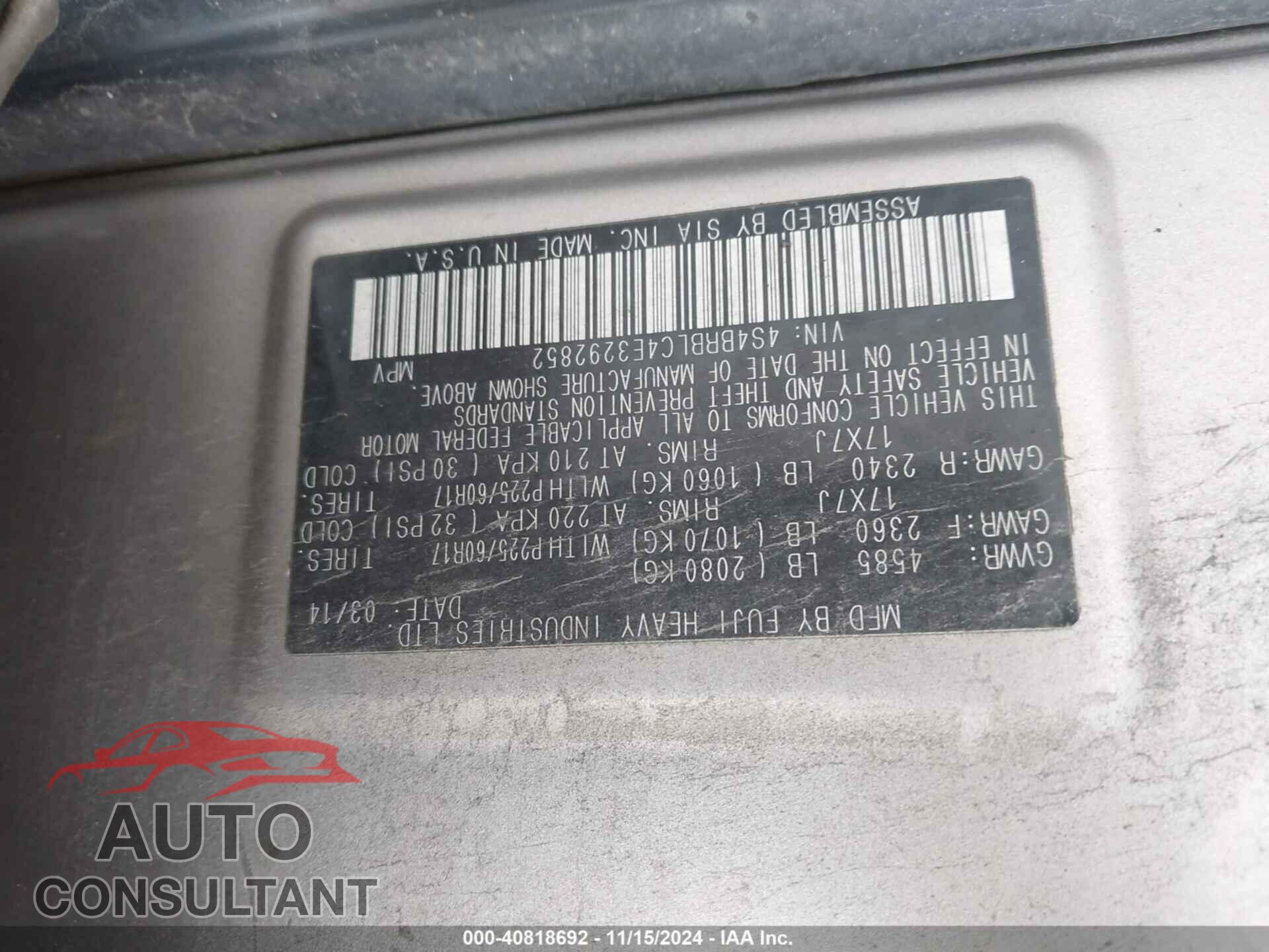 SUBARU OUTBACK 2014 - 4S4BRBLC4E3292852