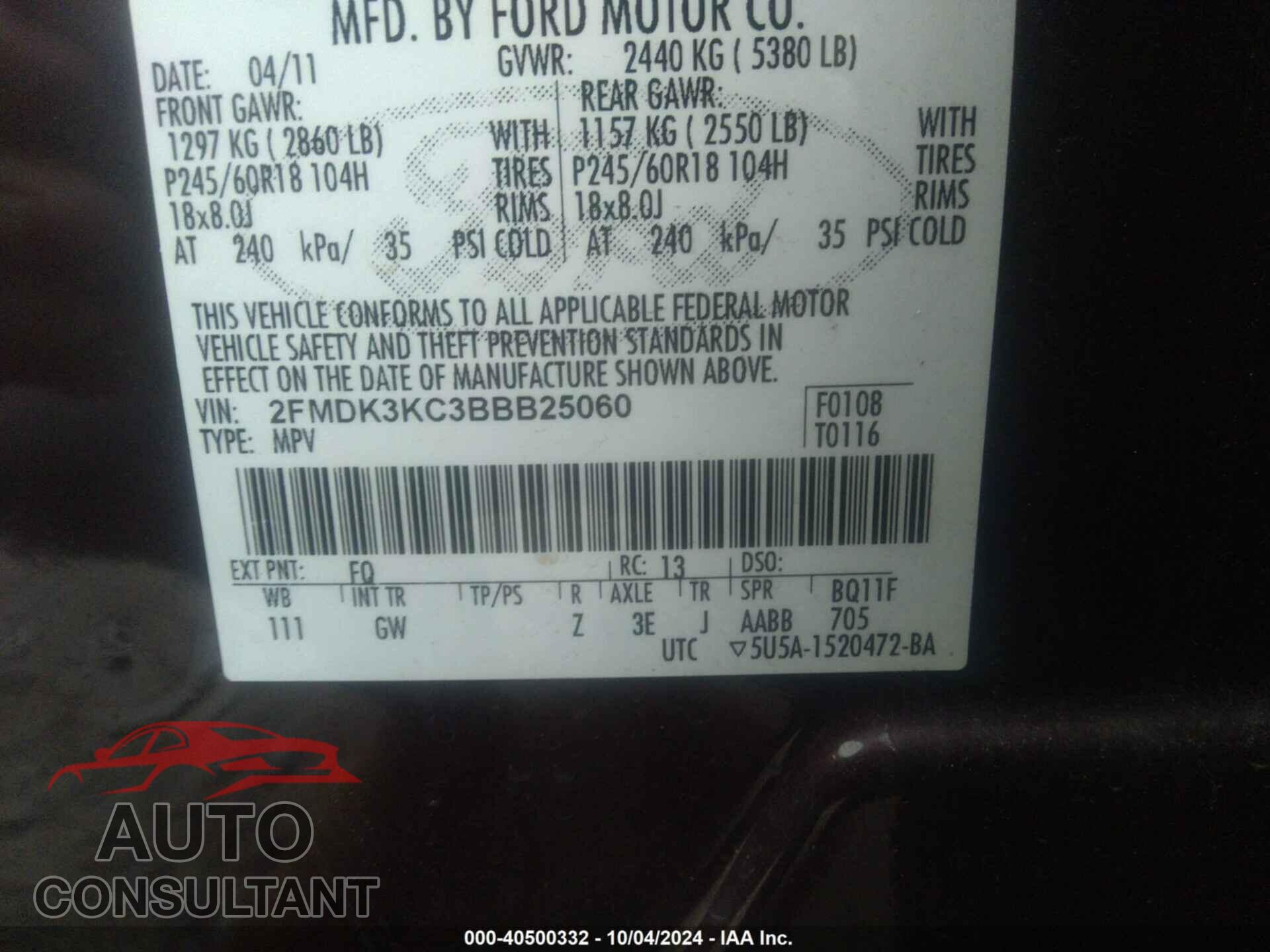 FORD EDGE 2011 - 2FMDK3KC3BBB25060