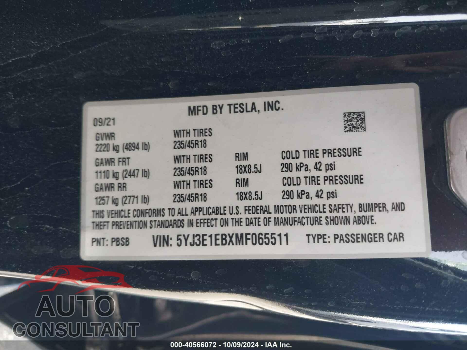 TESLA MODEL 3 2021 - 5YJ3E1EBXMF065511