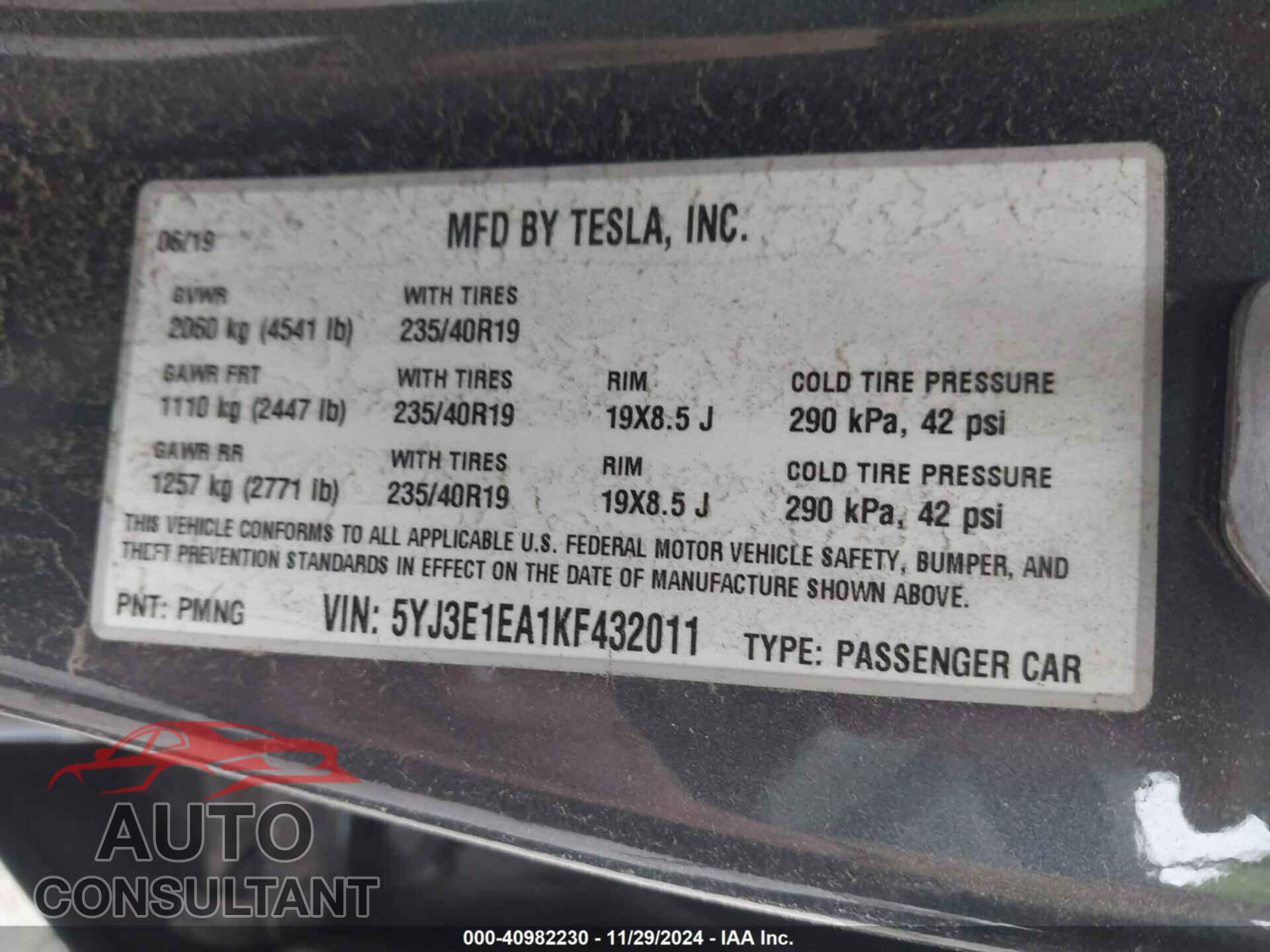 TESLA MODEL 3 2019 - 5YJ3E1EA1KF432011