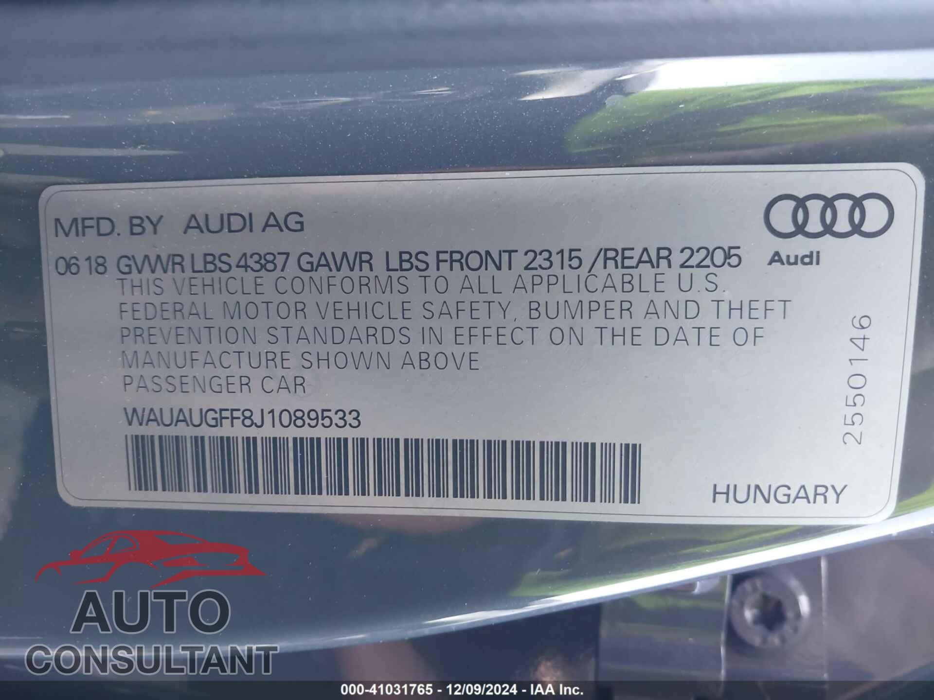 AUDI A3 2018 - WAUAUGFF8J1089533