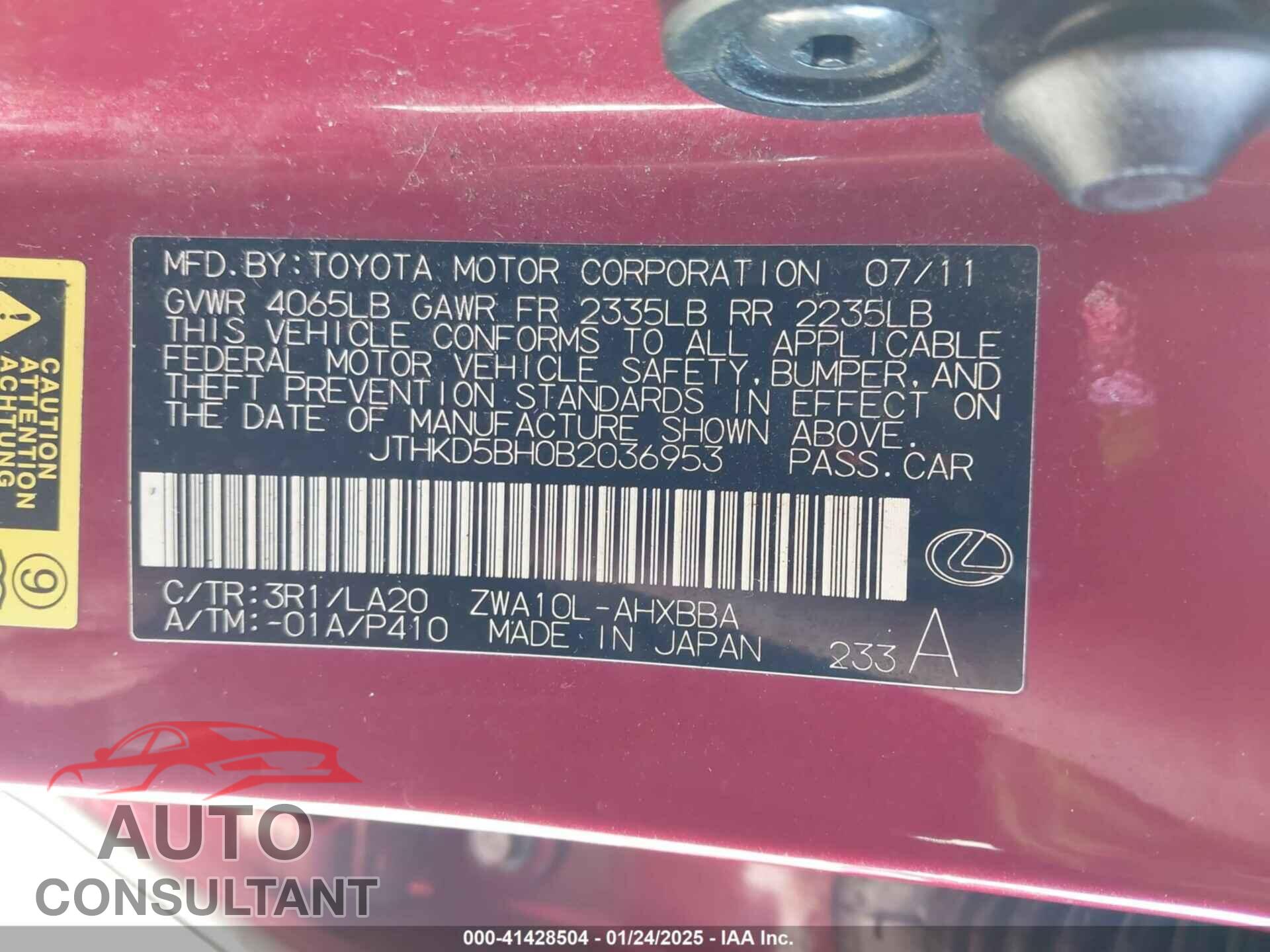 LEXUS CT 200H 2011 - JTHKD5BH0B2036953