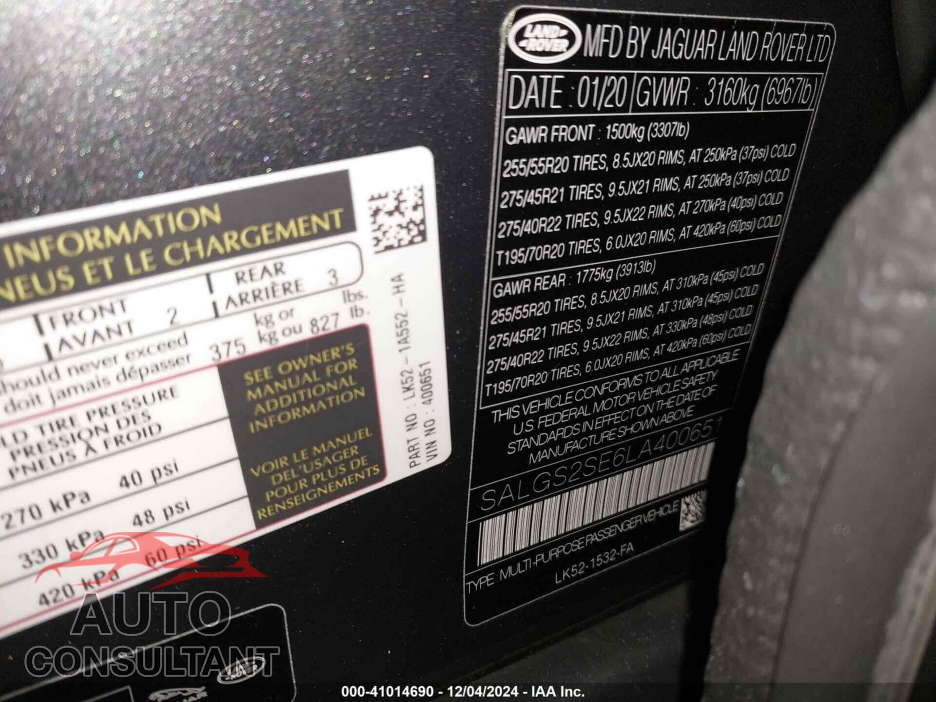 LAND ROVER RANGE ROVER 2020 - SALGS2SE6LA400651