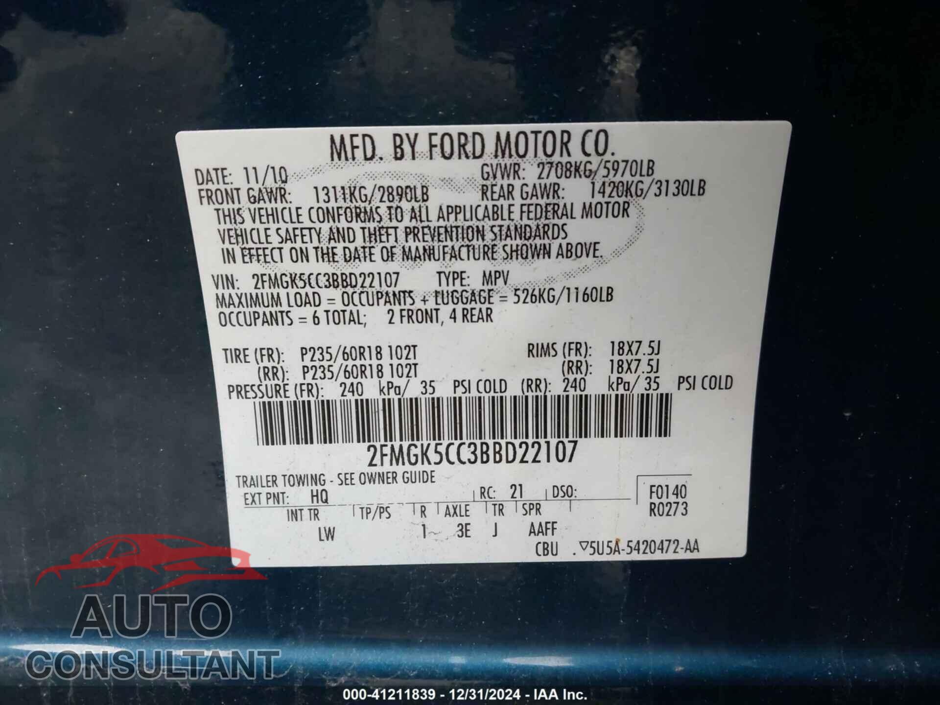 FORD FLEX 2011 - 2FMGK5CC3BBD22107