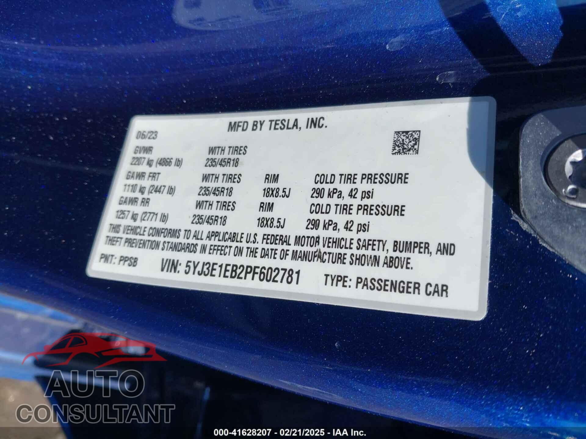 TESLA MODEL 3 2023 - 5YJ3E1EB2PF602781