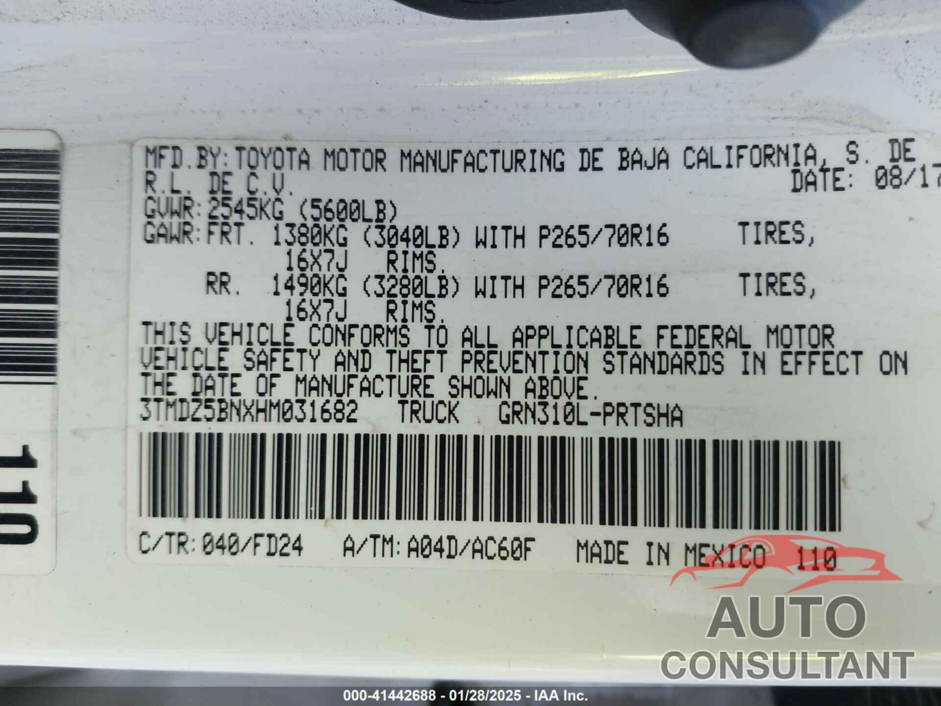 TOYOTA TACOMA 2017 - 3TMDZ5BNXHM031682