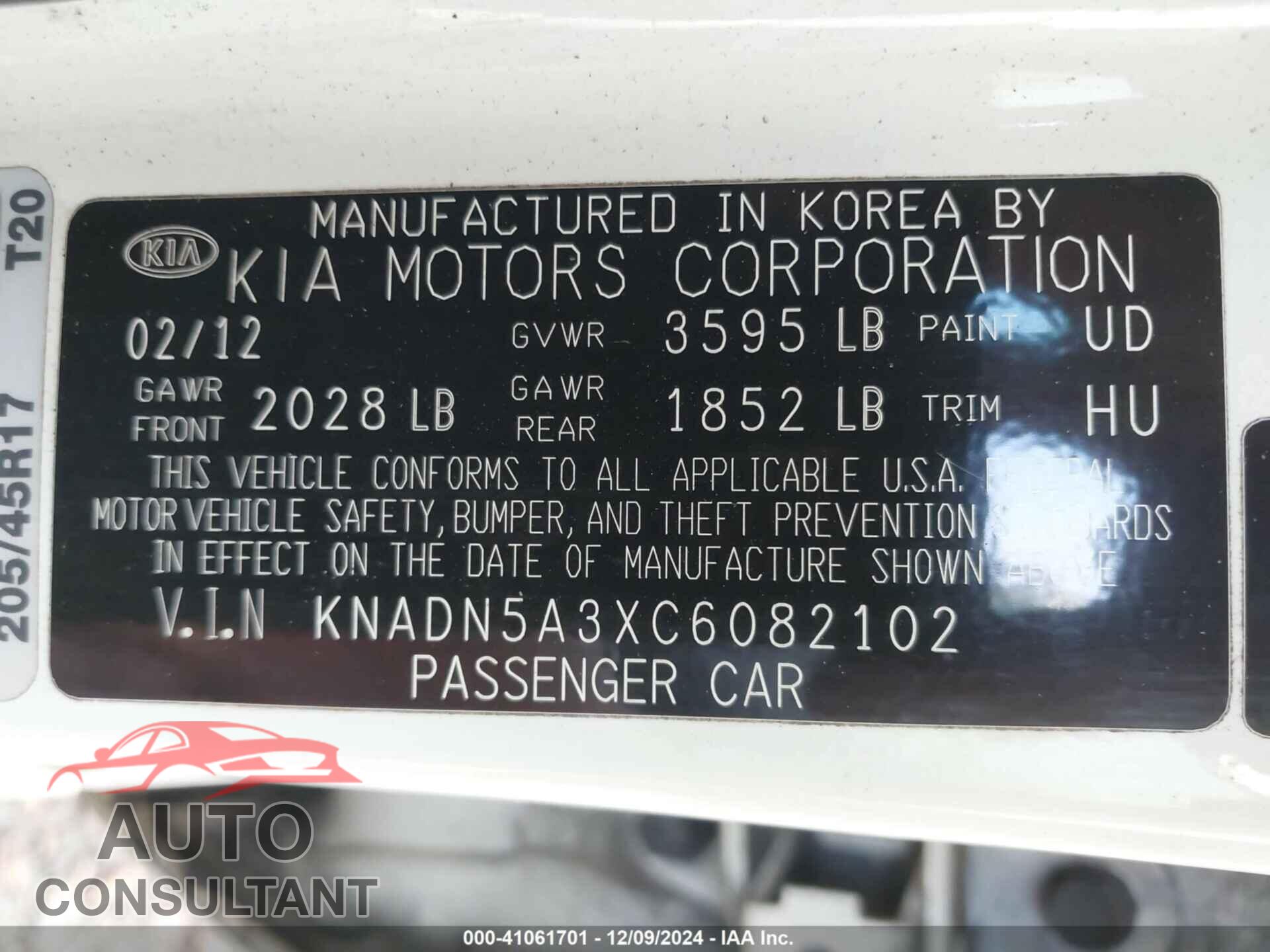 KIA RIO5 2012 - KNADN5A3XC6082102