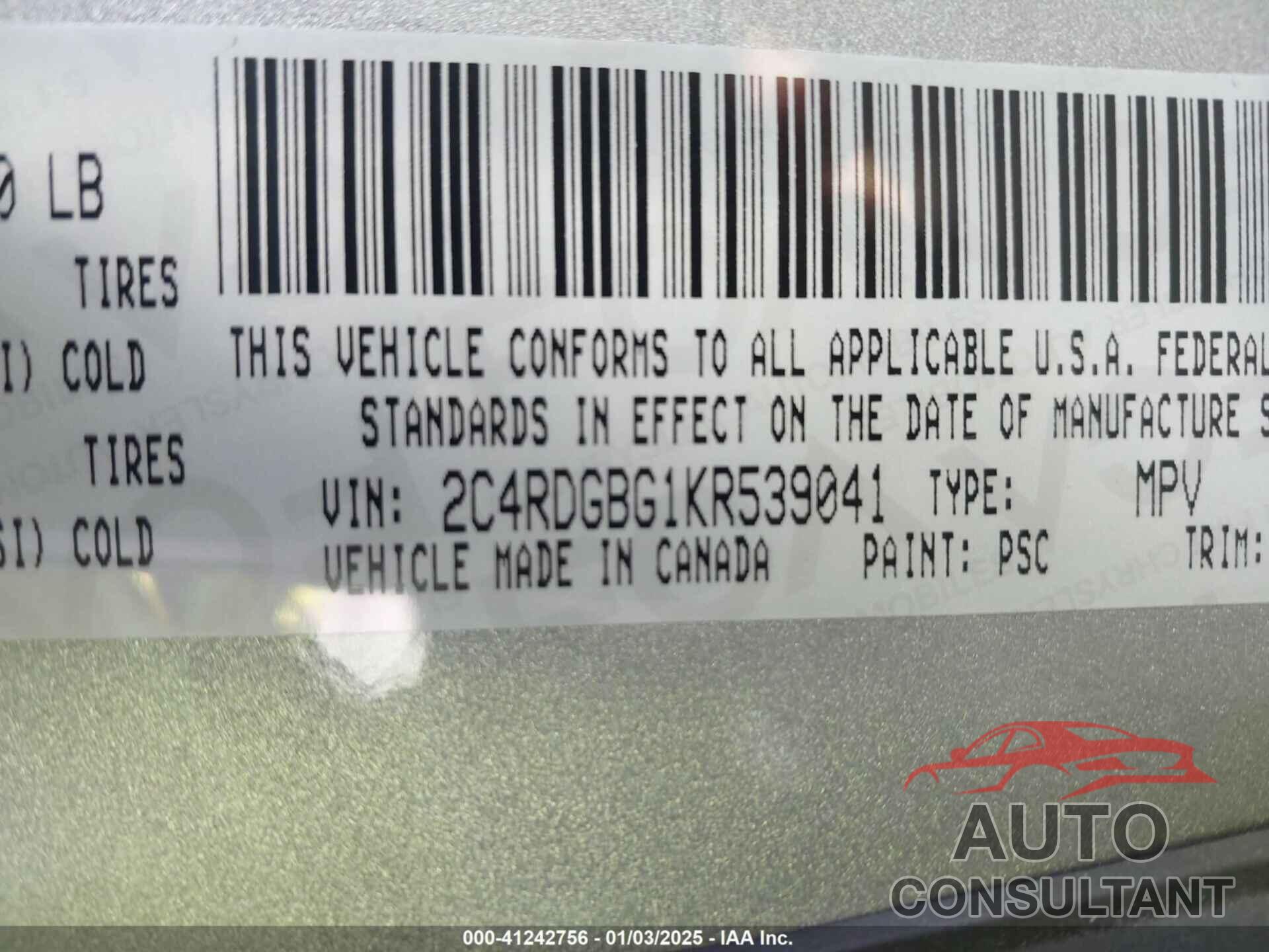 DODGE GRAND CARAVAN 2019 - 2C4RDGBG1KR539041