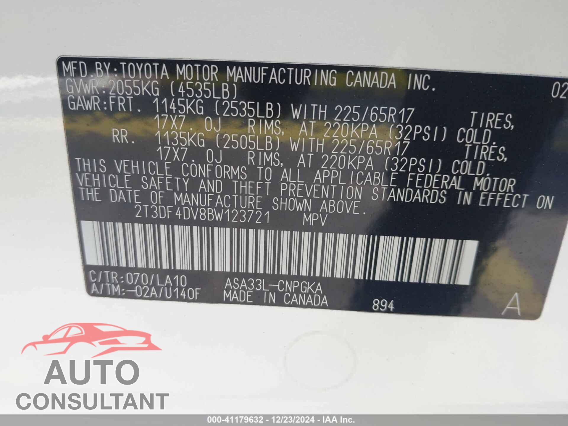 TOYOTA RAV4 2011 - 2T3DF4DV8BW123721