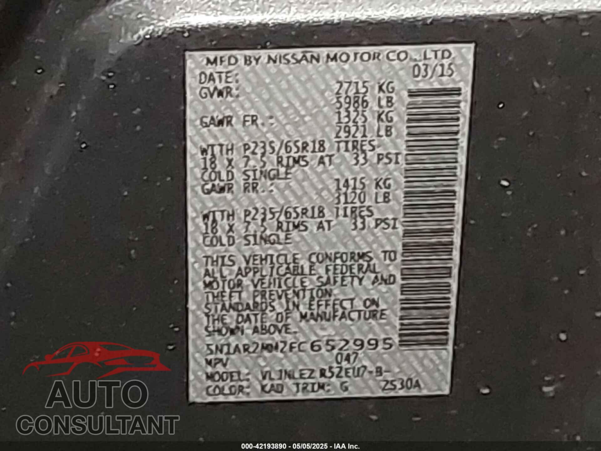 NISSAN PATHFINDER 2015 - 5N1AR2MM2FC652995