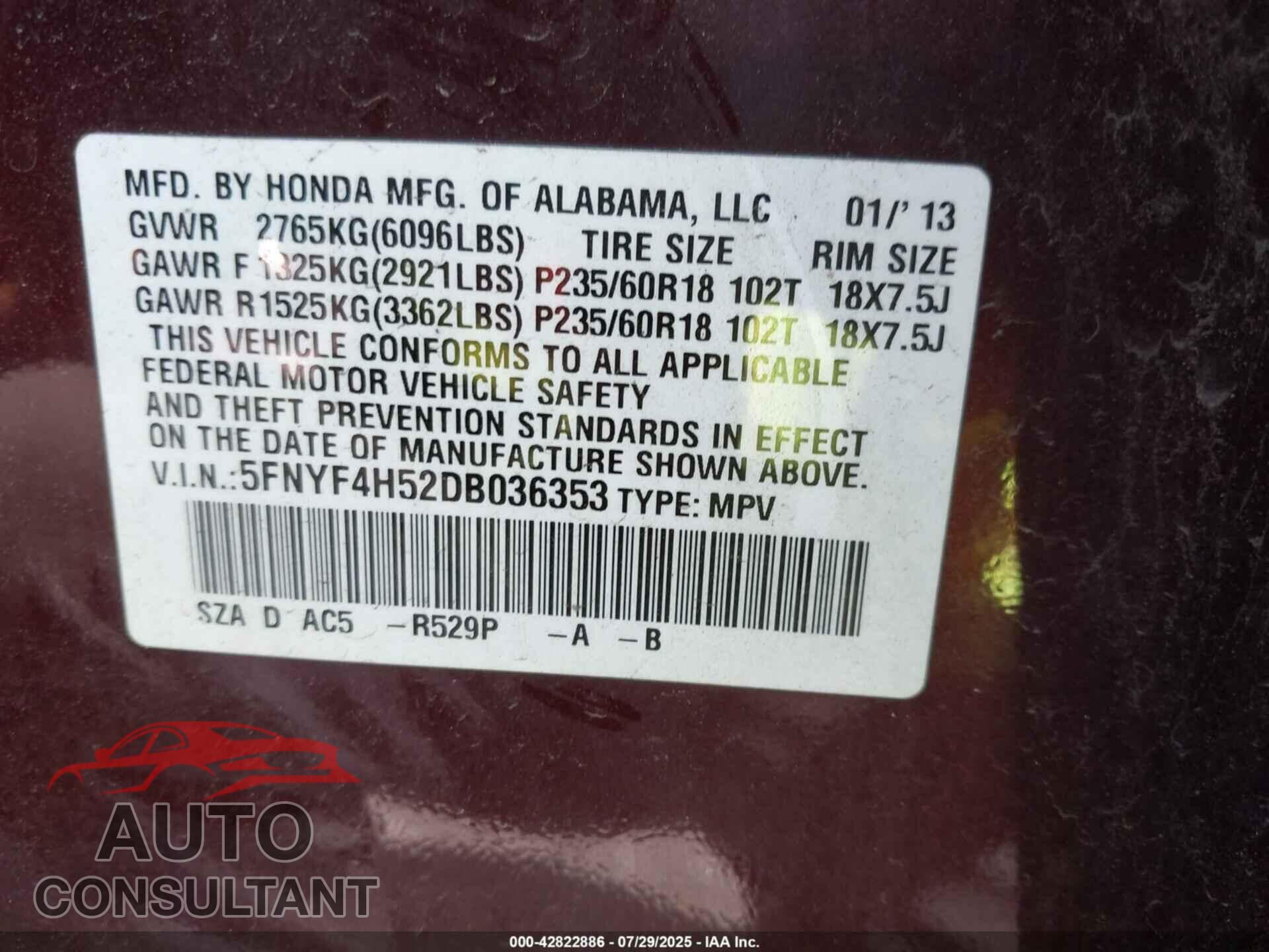 HONDA PILOT 2013 - 5FNYF4H52DB036353