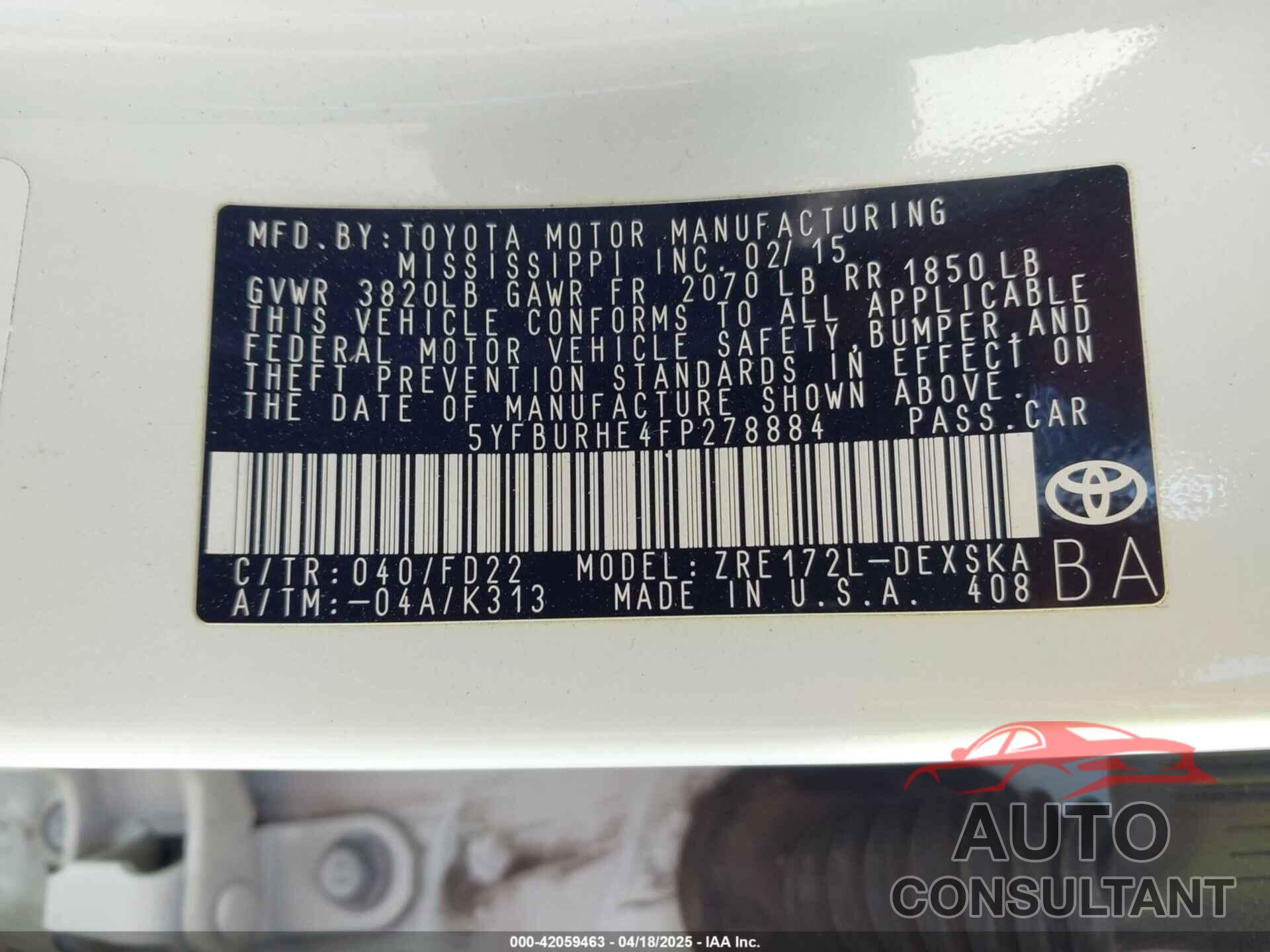 TOYOTA COROLLA 2015 - 5YFBURHE4FP278884