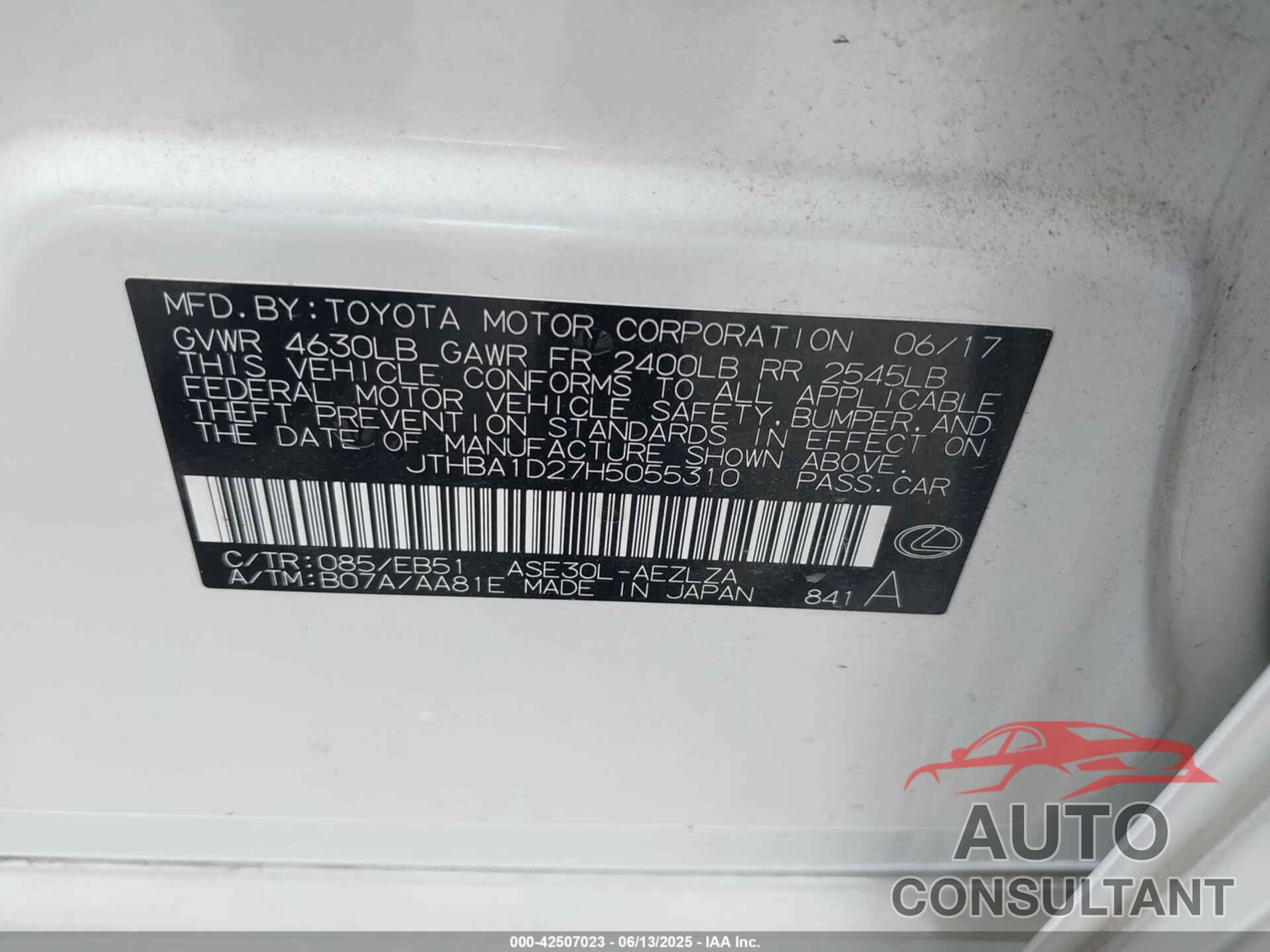 LEXUS IS 200T 2017 - JTHBA1D27H5055310