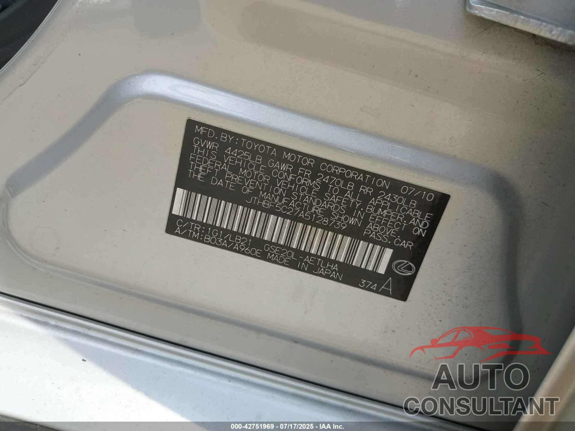 LEXUS IS 250 2010 - JTHBF5C27A5128739