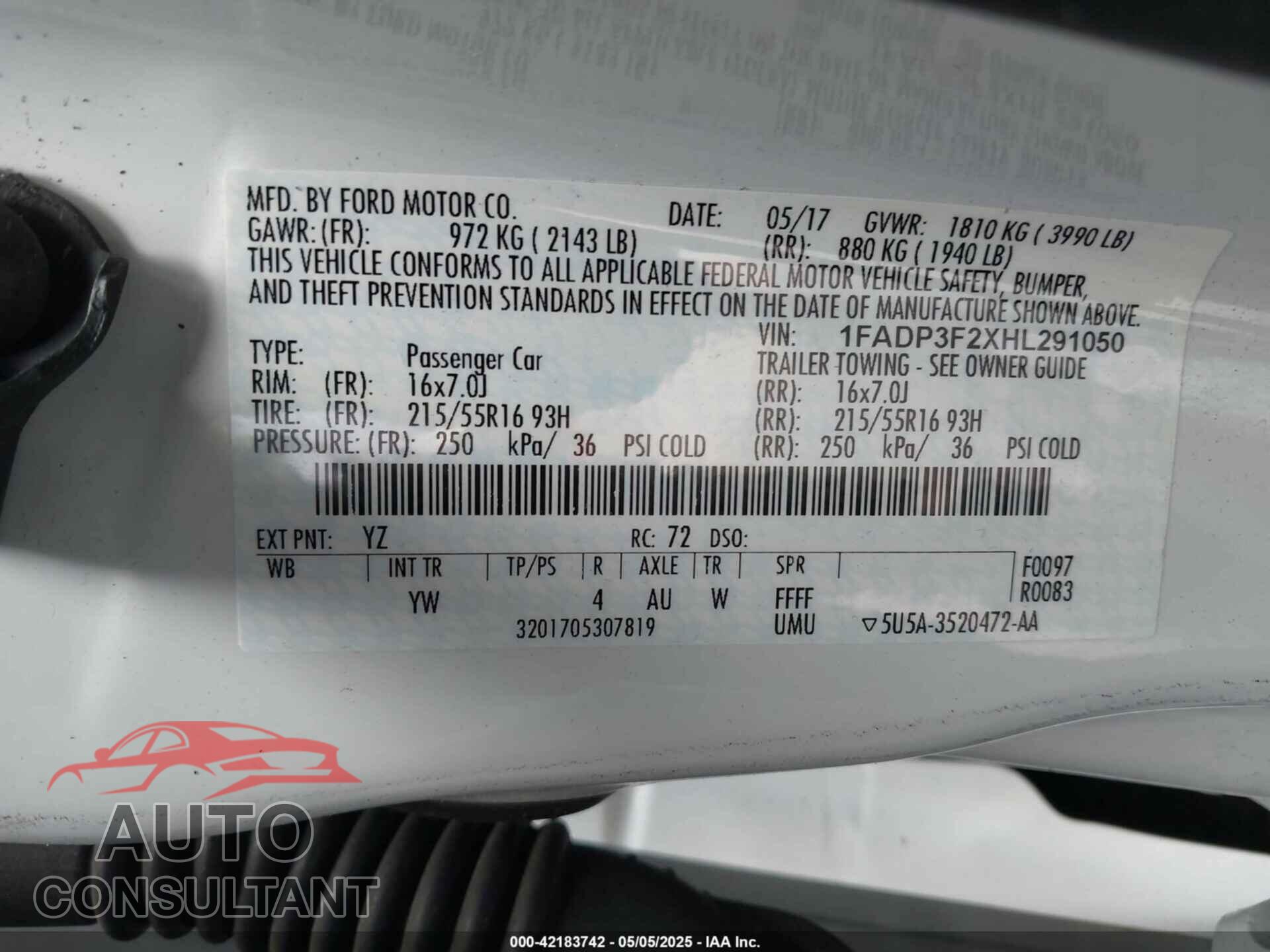 FORD FOCUS 2017 - 1FADP3F2XHL291050
