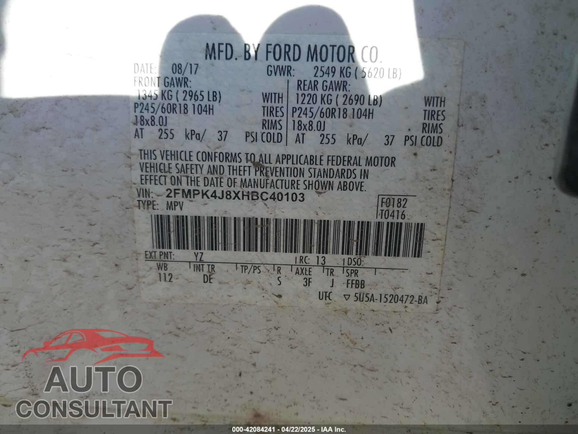 FORD EDGE 2017 - 2FMPK4J8XHBC40103