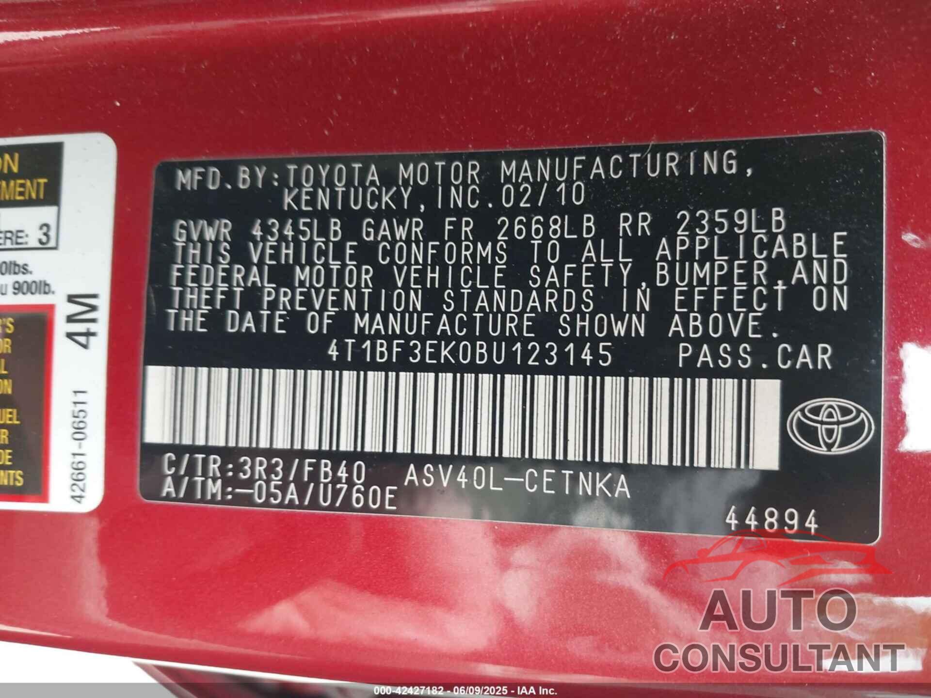 TOYOTA CAMRY 2011 - 4T1BF3EK0BU123145