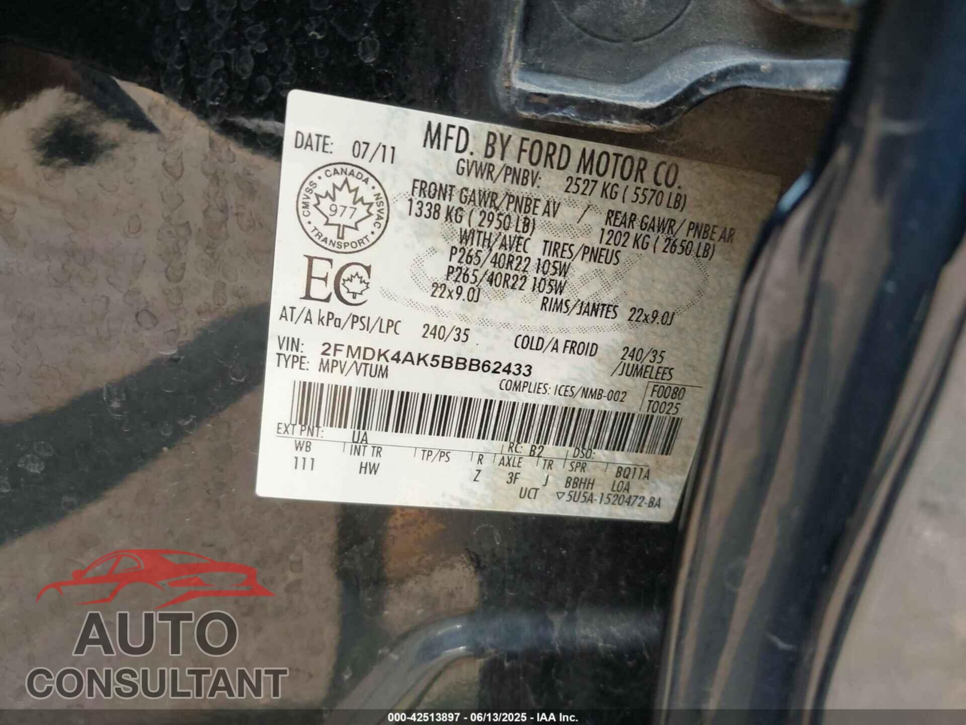 FORD EDGE 2011 - 2FMDK4AK5BBB62433