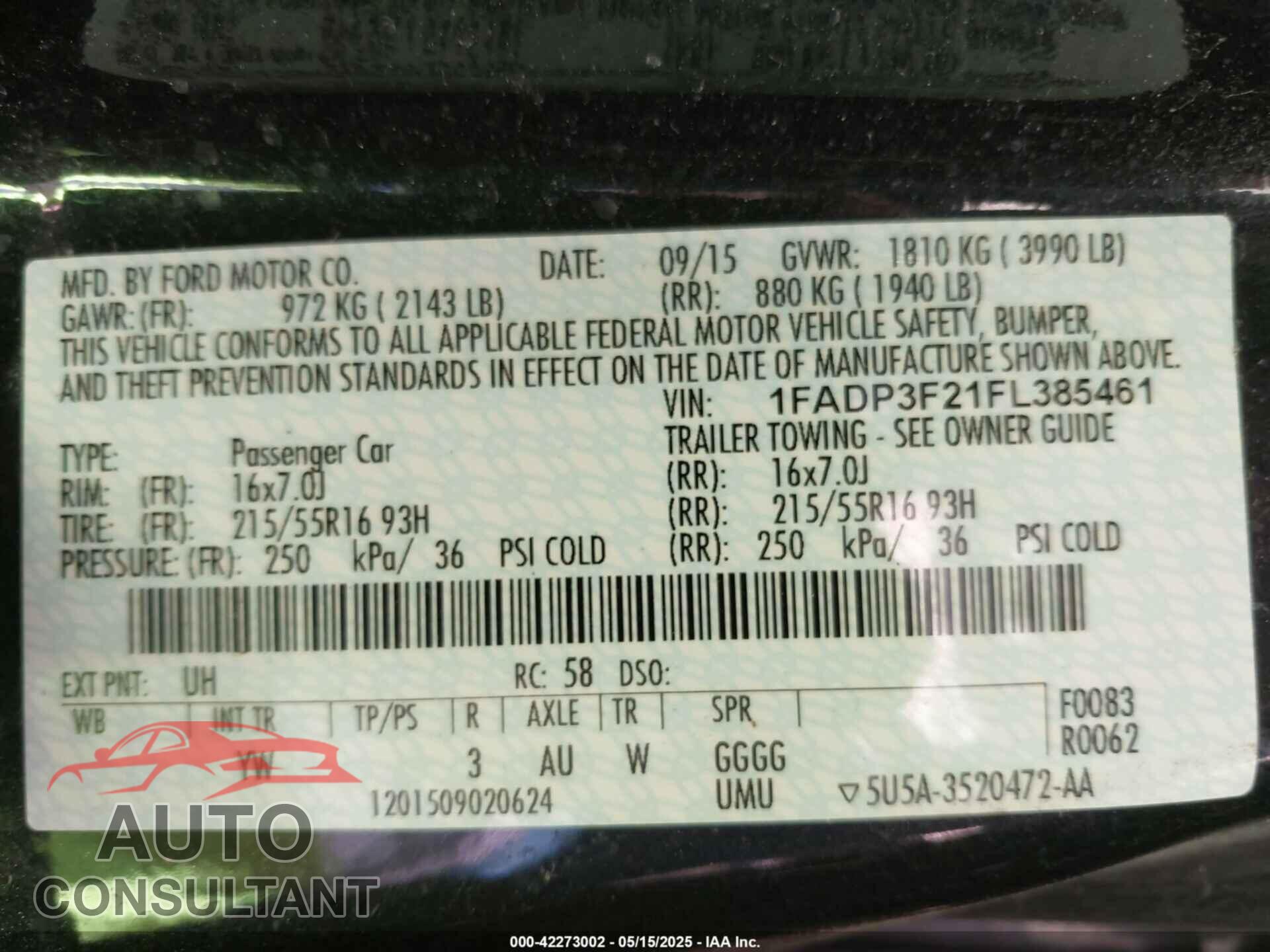 FORD FOCUS 2015 - 1FADP3F21FL385461