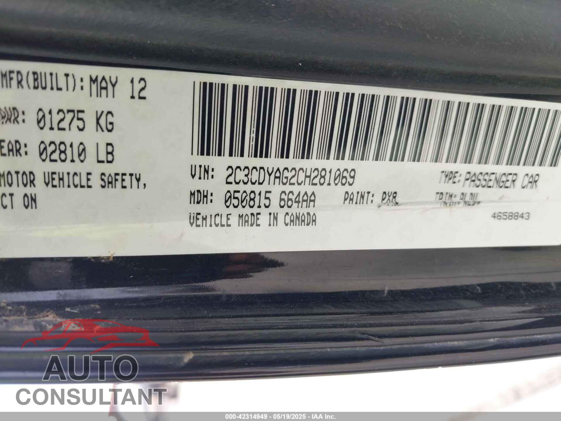 DODGE CHALLENGER 2012 - 2C3CDYAG2CH281069