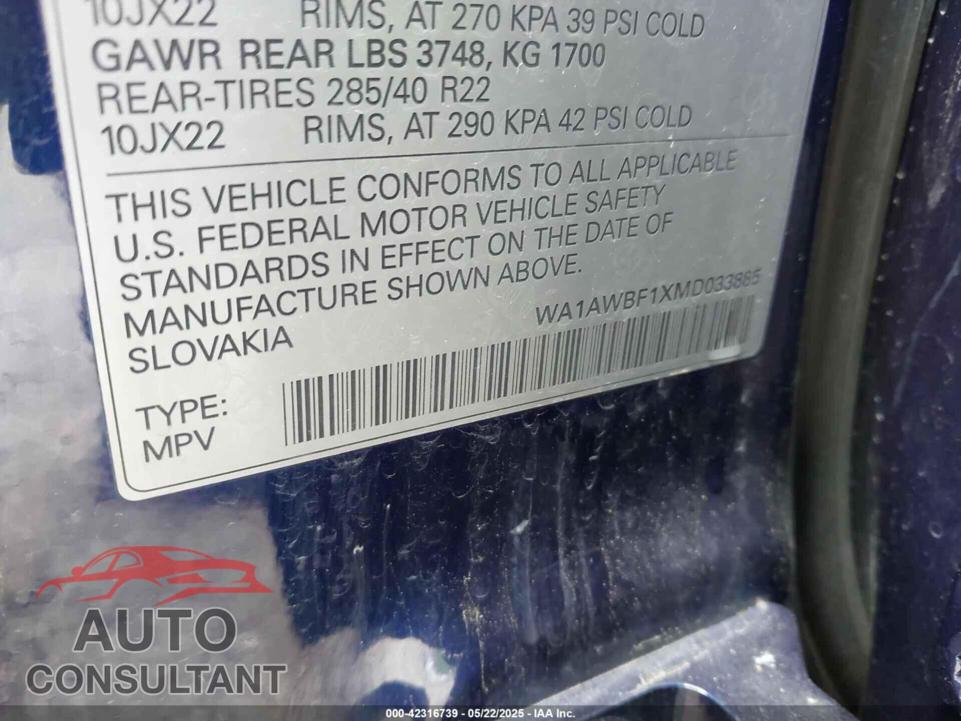 AUDI SQ8 2021 - WA1AWBF1XMD033885