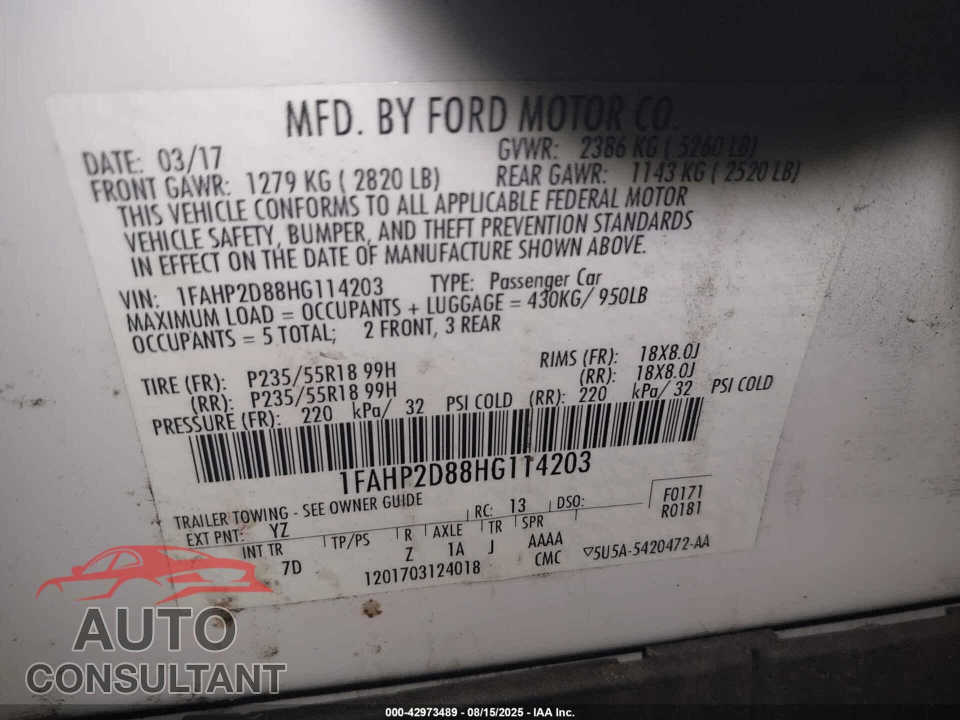 FORD TAURUS 2017 - 1FAHP2D88HG114203