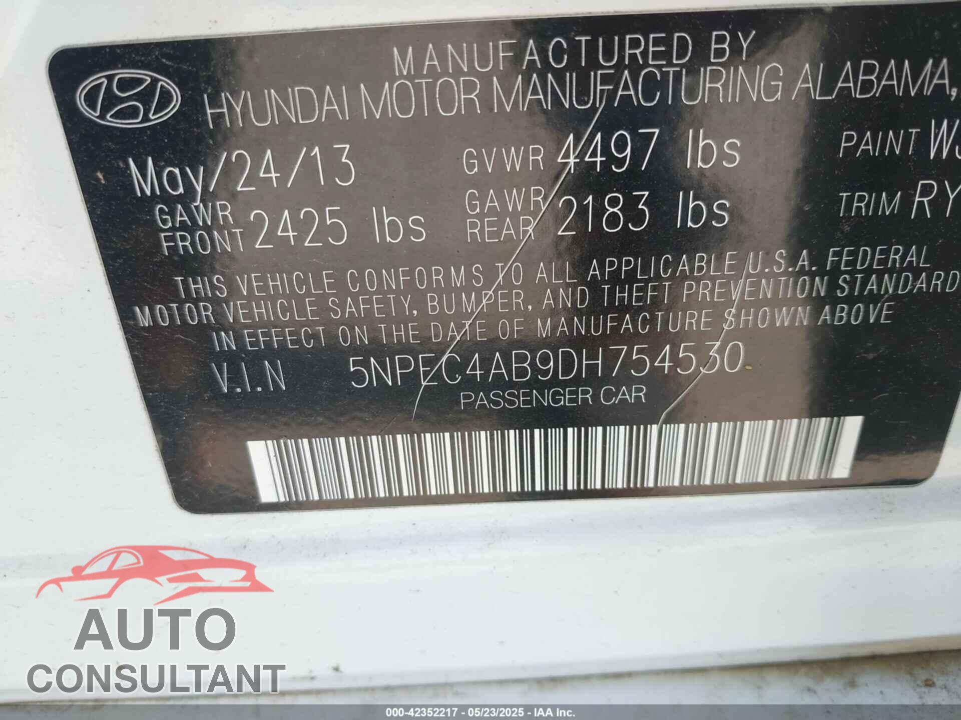 HYUNDAI SONATA 2013 - 5NPEC4AB9DH754530
