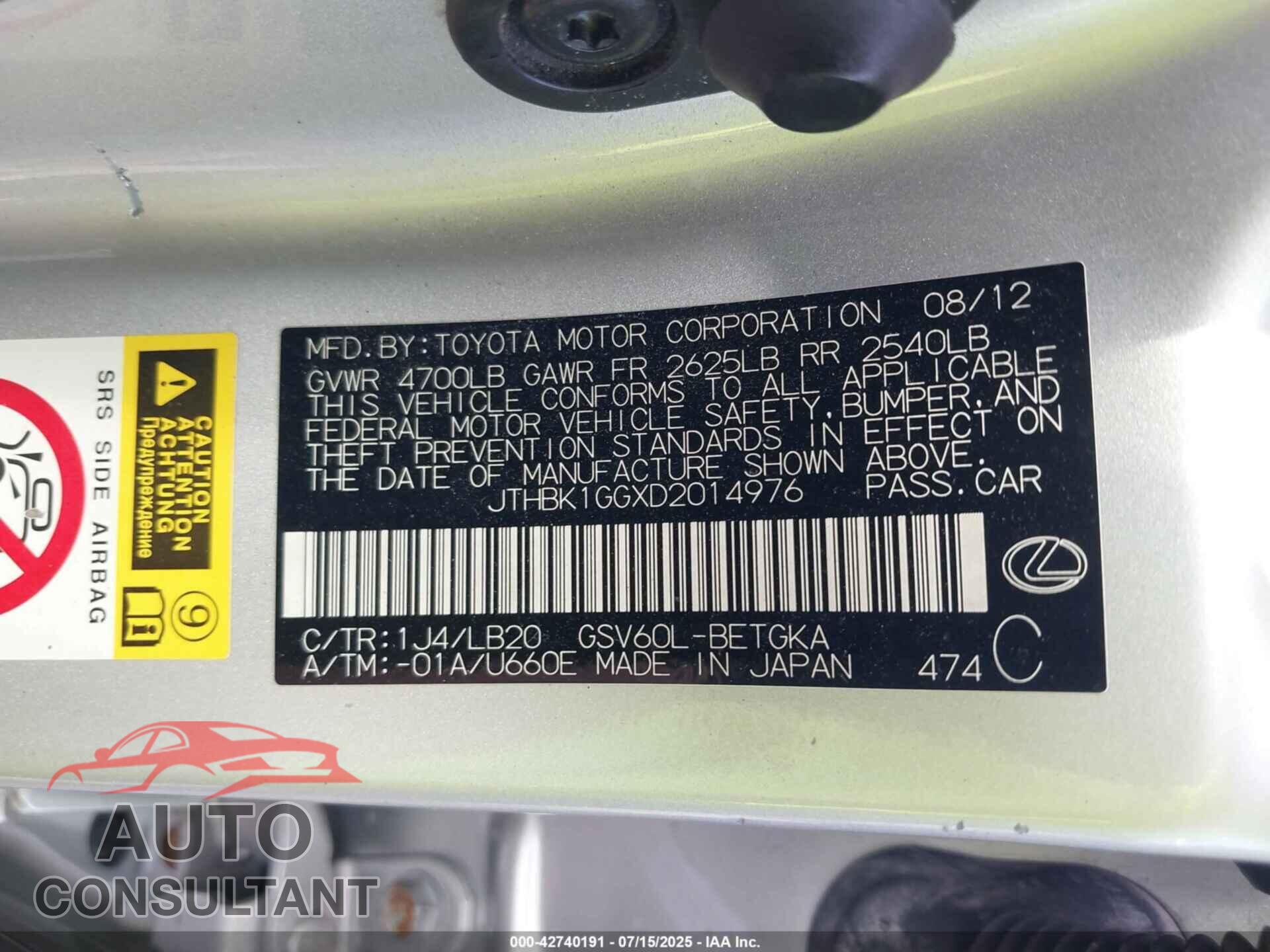 LEXUS ES 2013 - JTHBK1GGXD2014976