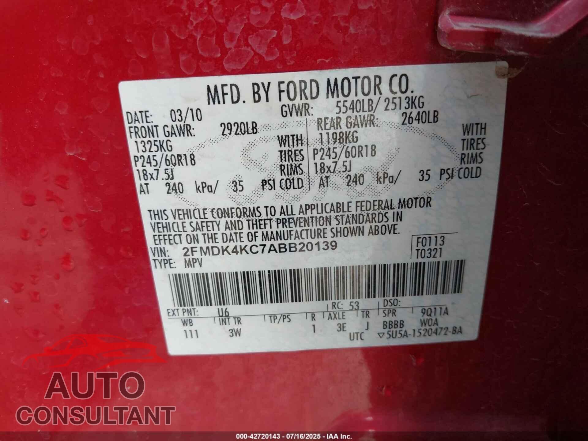 FORD EDGE 2010 - 2FMDK4KC7ABB20139