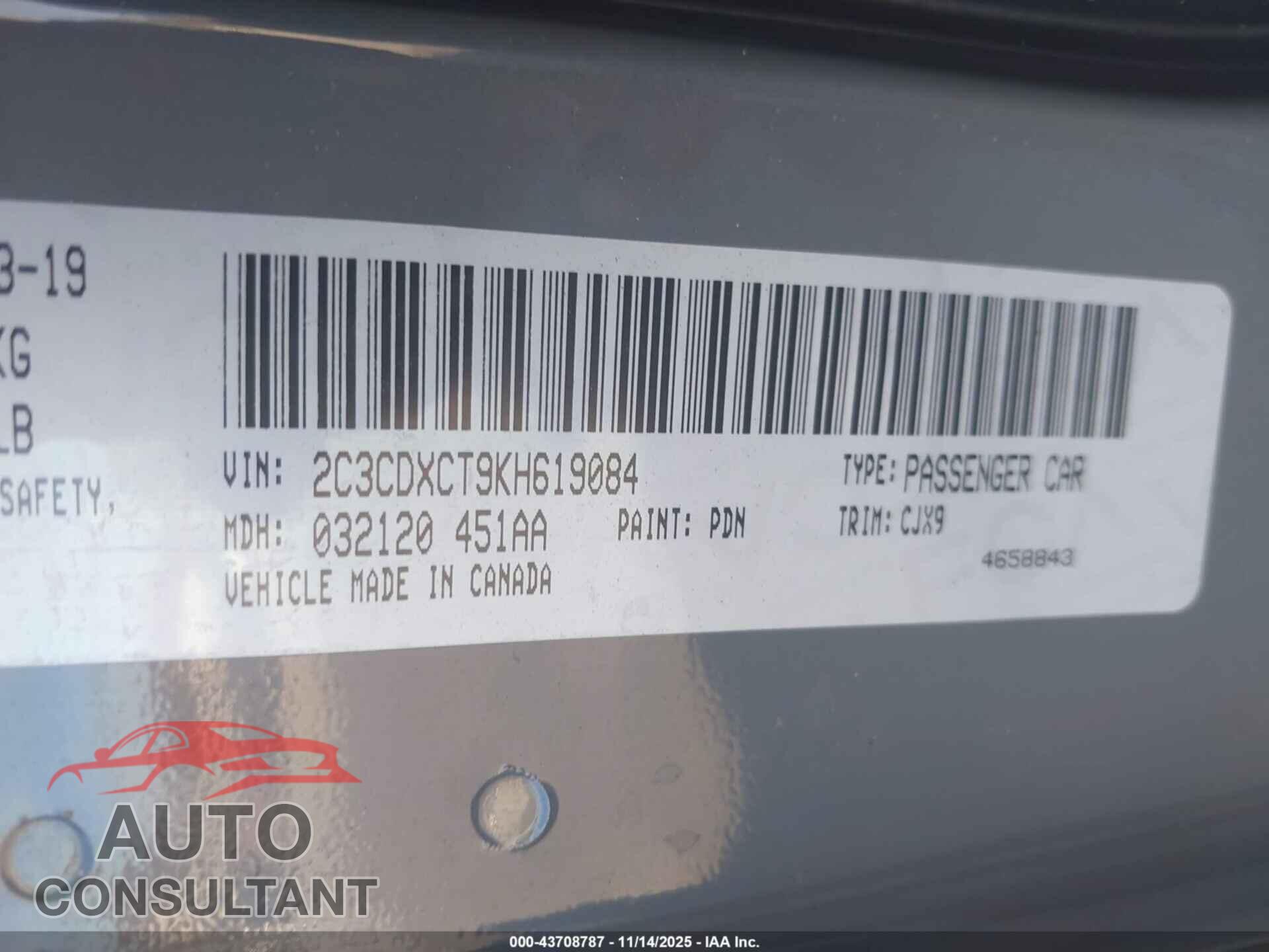 DODGE CHARGER 2019 - 2C3CDXCT9KH619084