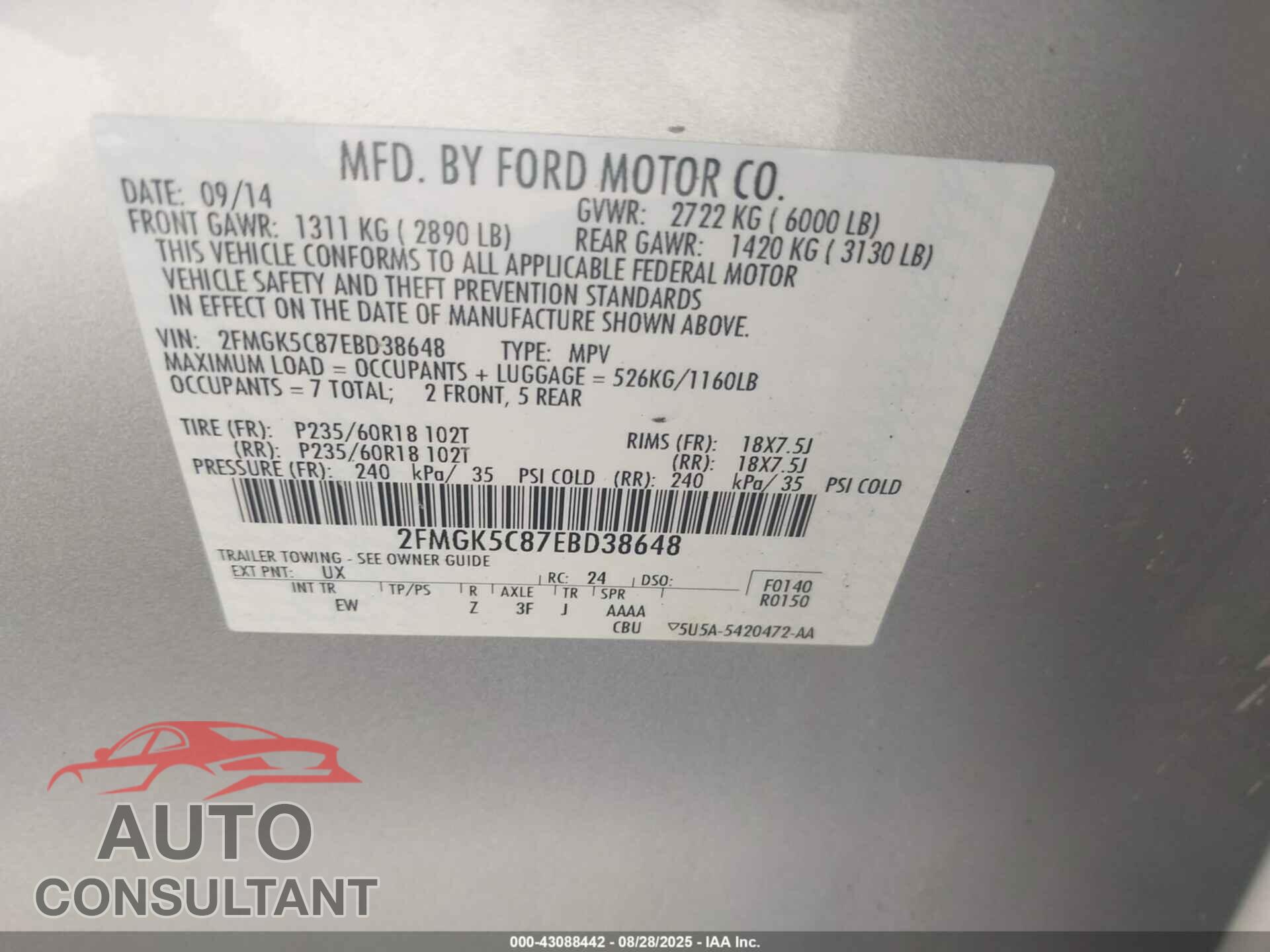 FORD FLEX 2014 - 2FMGK5C87EBD38648