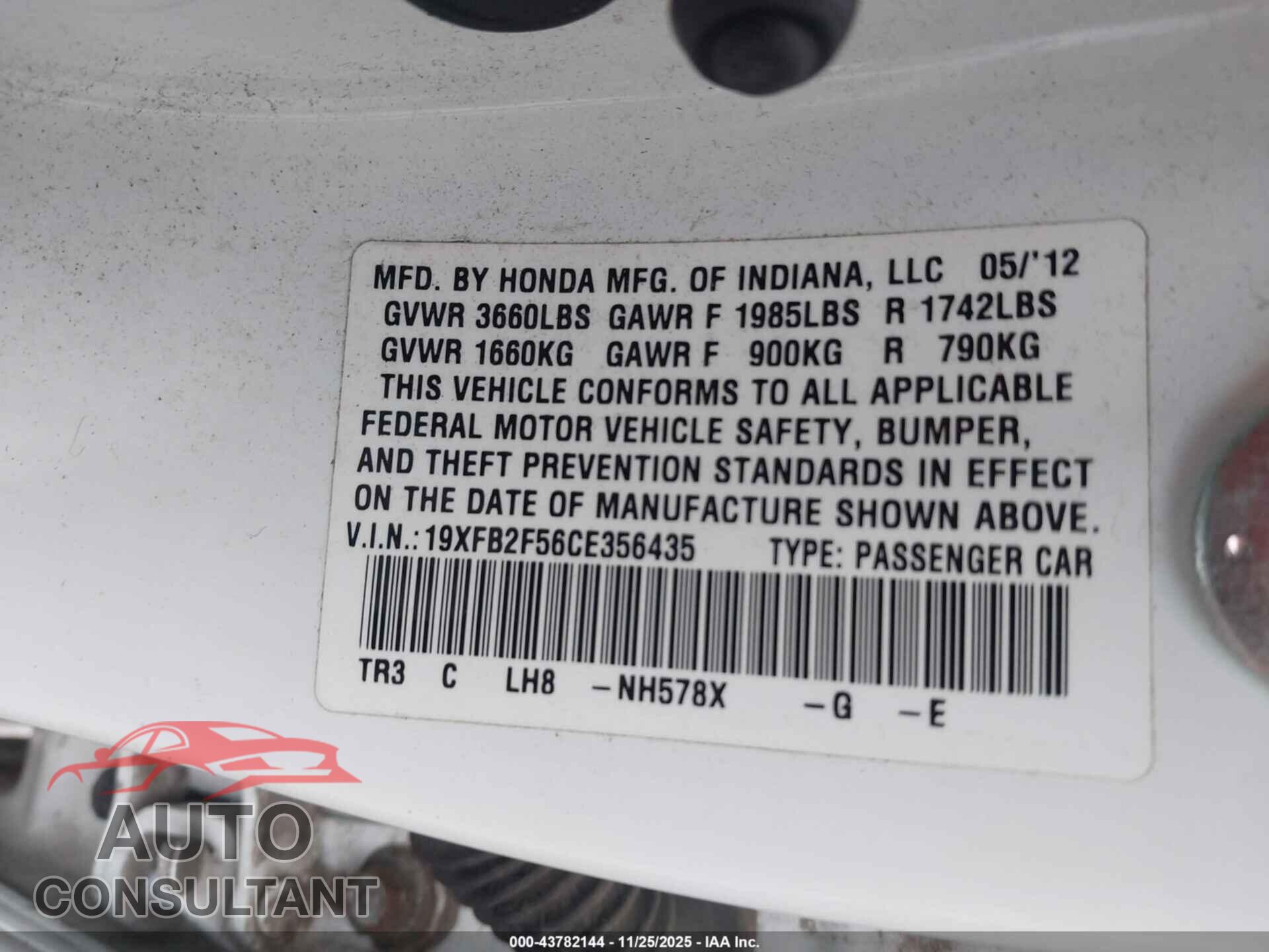 HONDA CIVIC 2012 - 19XFB2F56CE356435