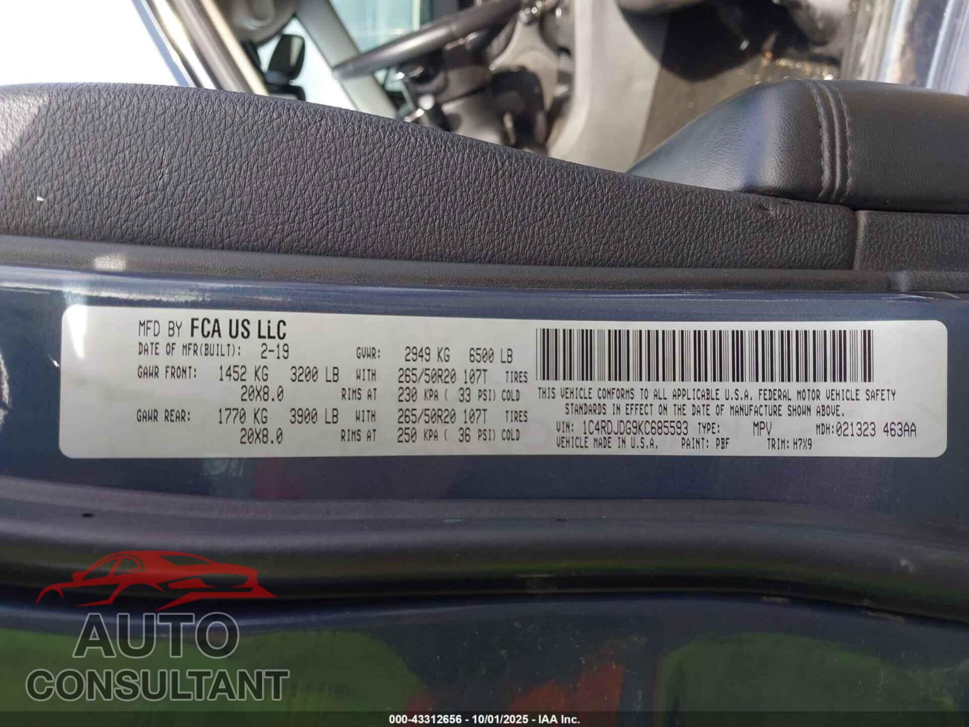 DODGE DURANGO 2019 - 1C4RDJDG9KC685593