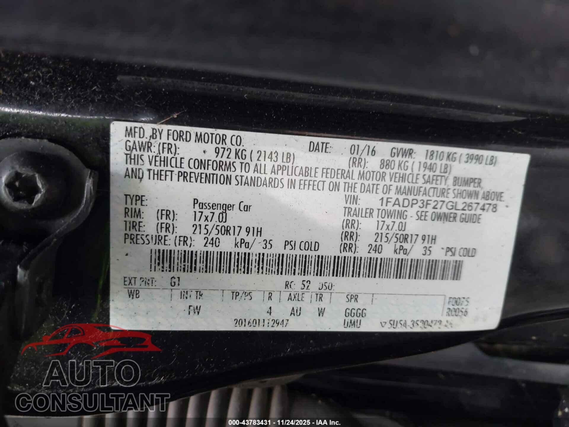 FORD FOCUS 2016 - 1FADP3F27GL267478