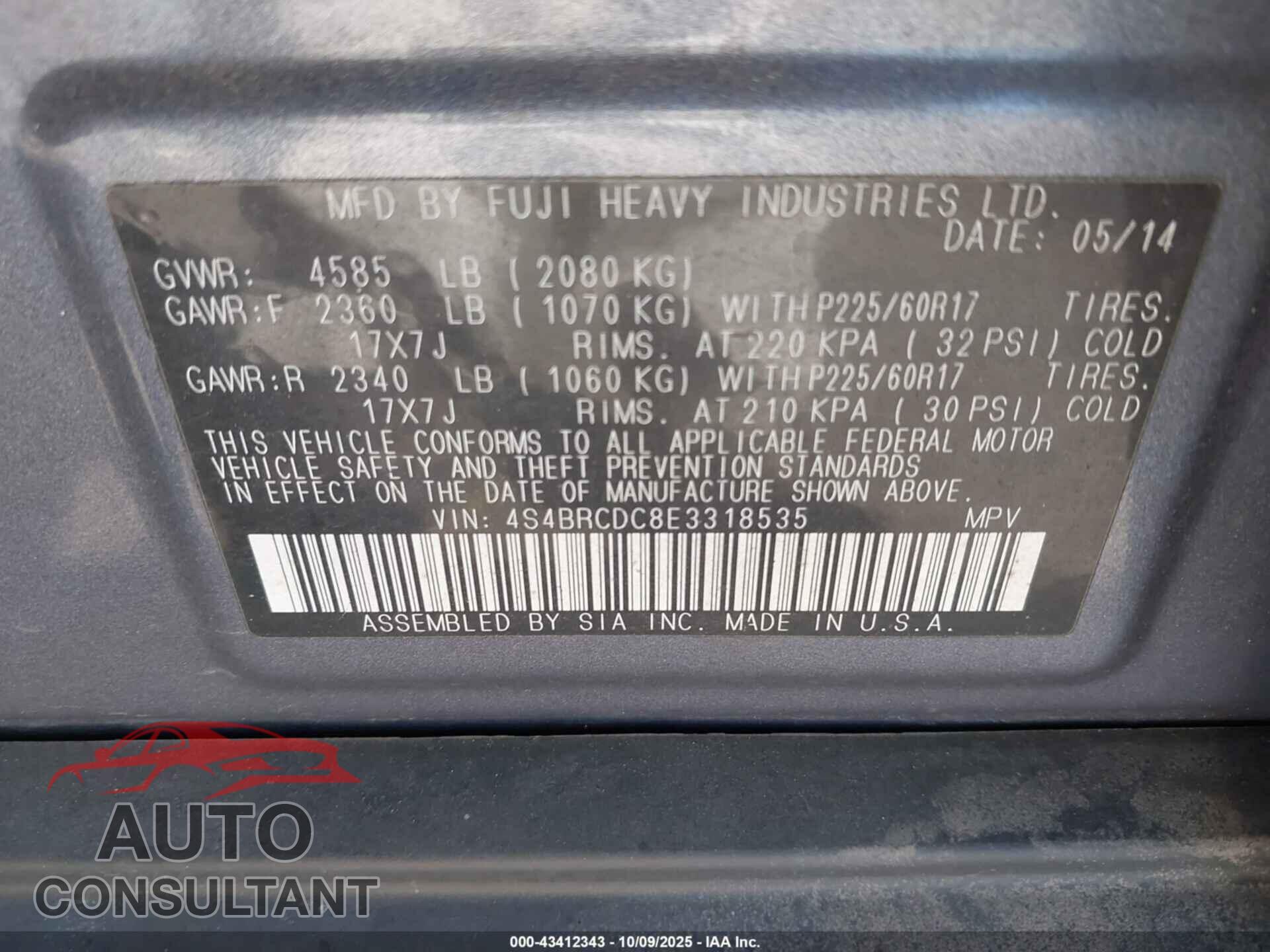 SUBARU OUTBACK 2014 - 4S4BRCDC8E3318535