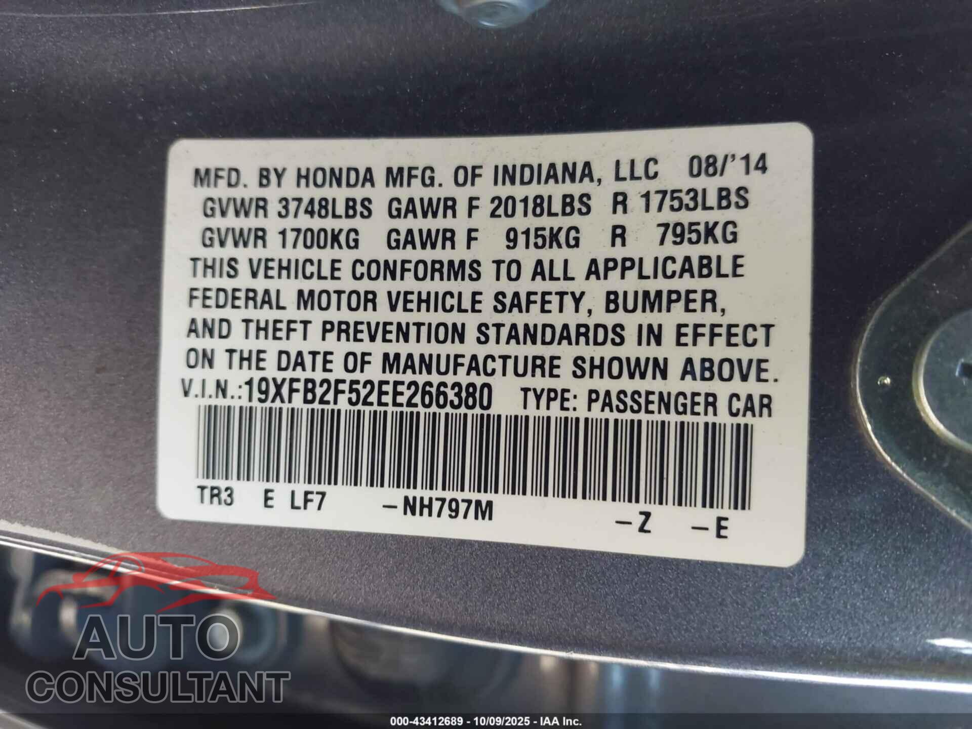 HONDA CIVIC 2014 - 19XFB2F52EE266380