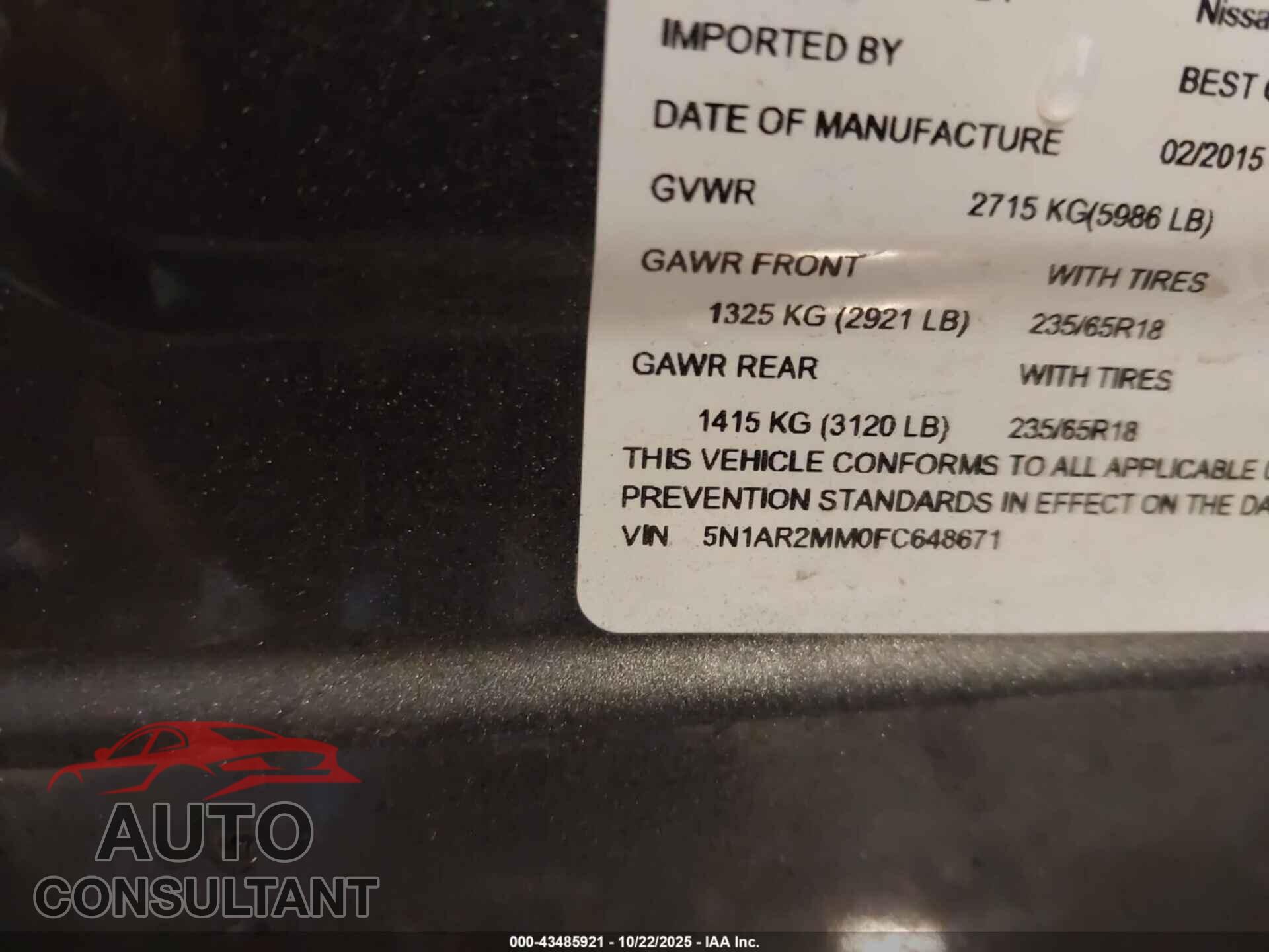 NISSAN PATHFINDER 2015 - 5N1AR2MM0FC648671