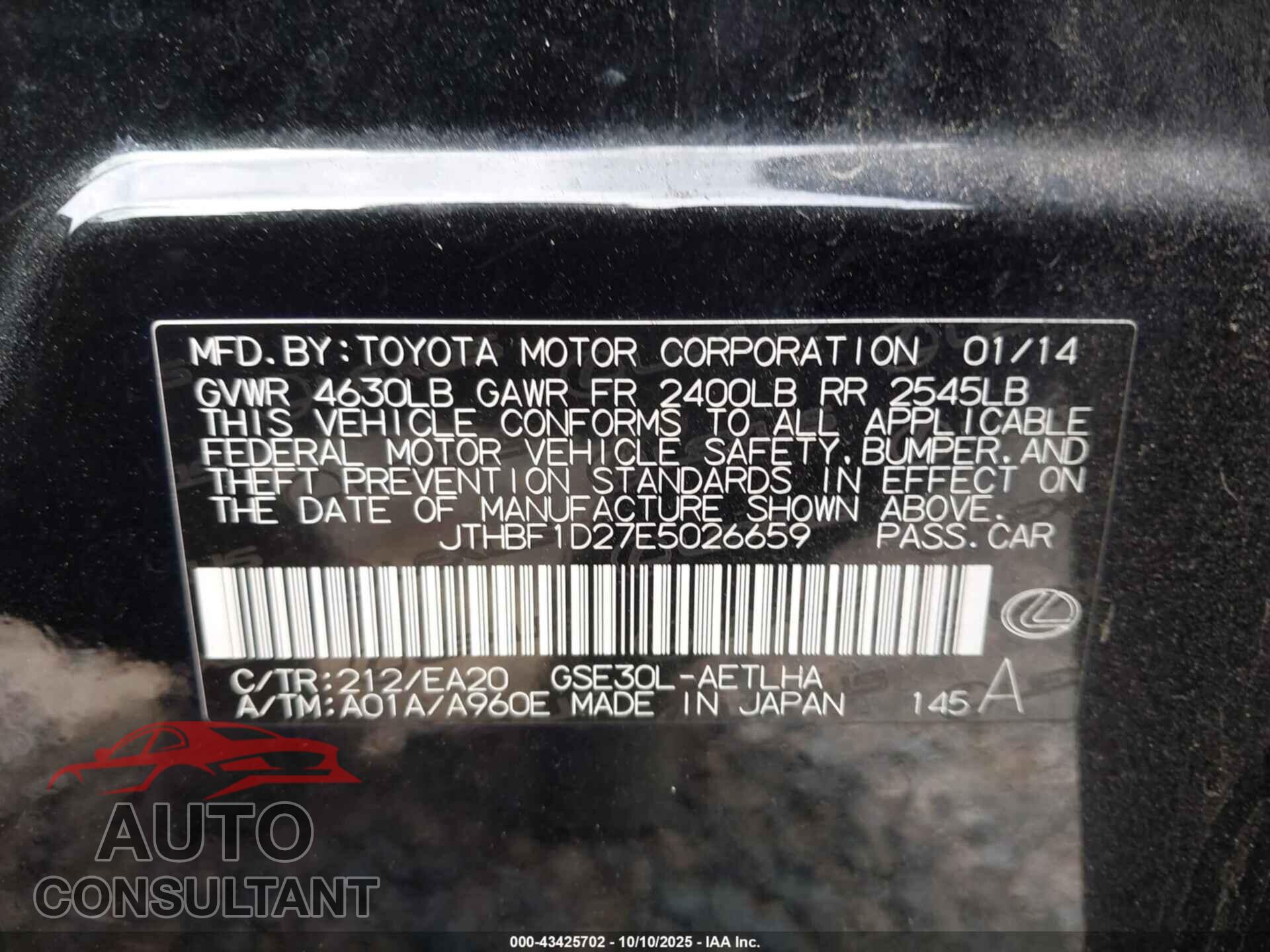 LEXUS IS 250 2014 - JTHBF1D27E5026659