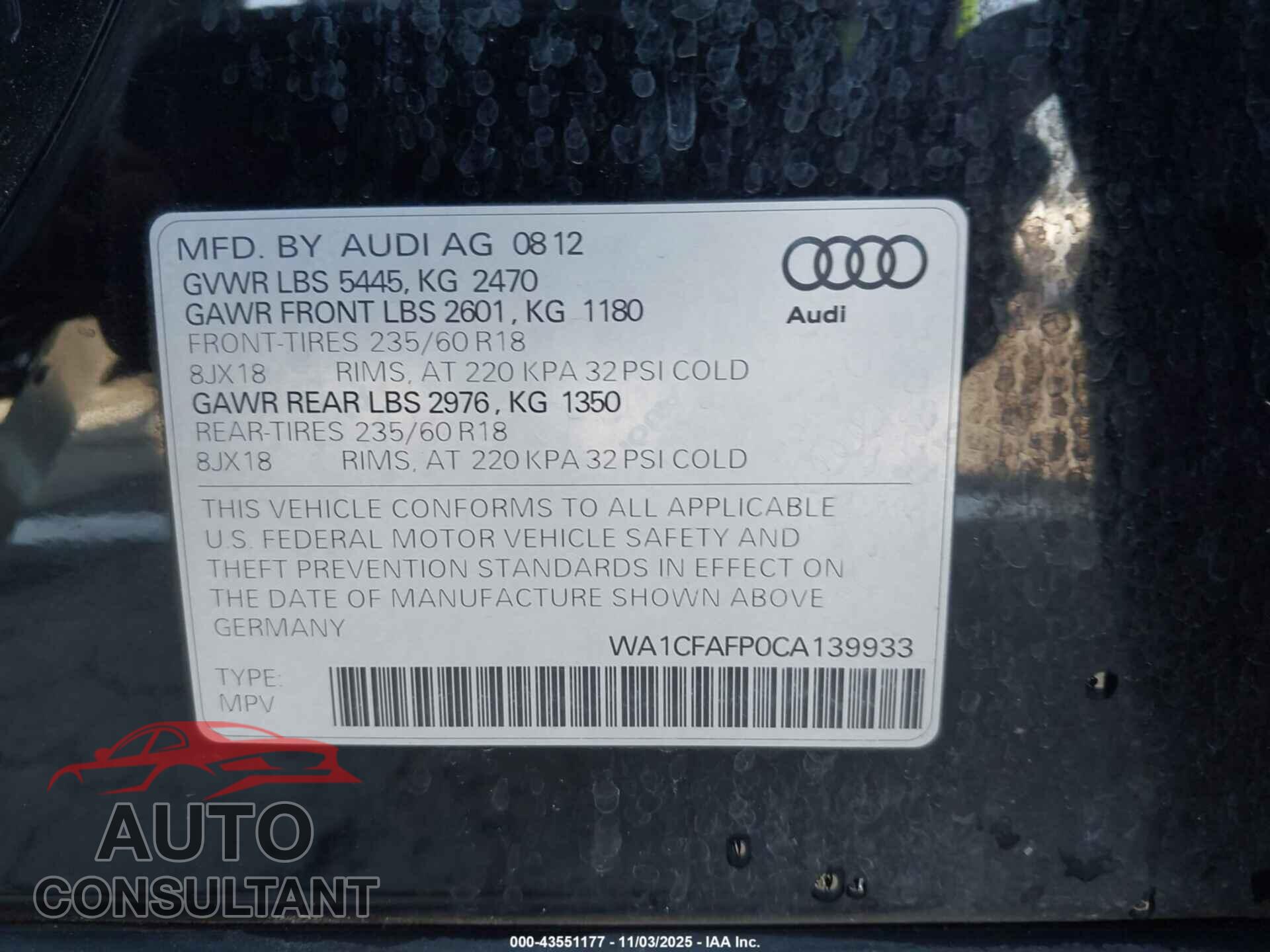 AUDI Q5 2012 - WA1CFAFP0CA139933