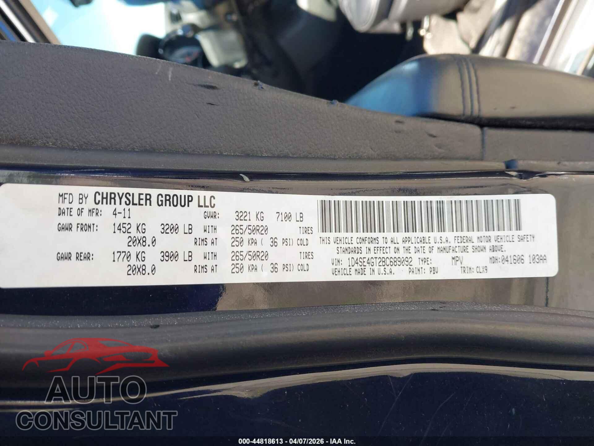 DODGE DURANGO 2011 - 1D4SE4GT2BC689092
