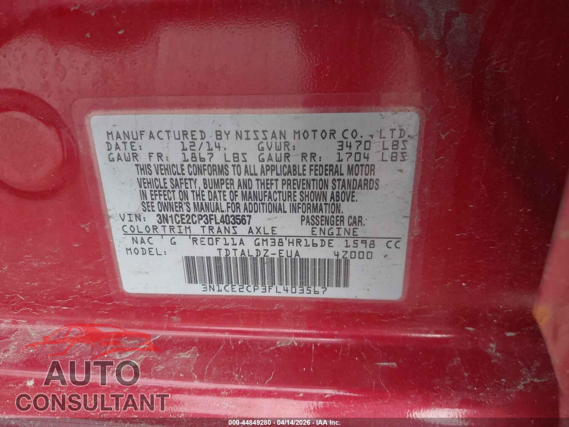NISSAN VERSA NOTE 2015 - 3N1CE2CP3FL403567